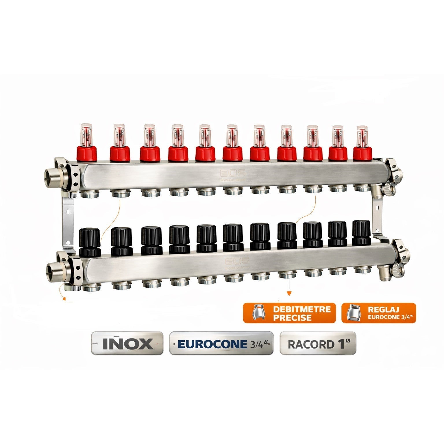 Distribuitor incalzire pardoseala 11 circuite EOS inox, 1” x 3/4” Eurocone, cu aerisitor si robinet golire 1/2” (CD85/11)