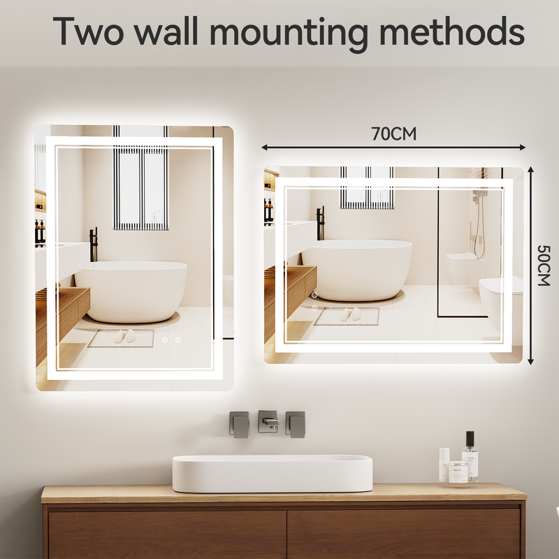 Espelho de casa de banho, RATTANTREE 50x70cm Espelho de casa de banho iluminado por LED, 3 temperaturas de cor, anti-embaciamento, ajustável, IP44 - 6