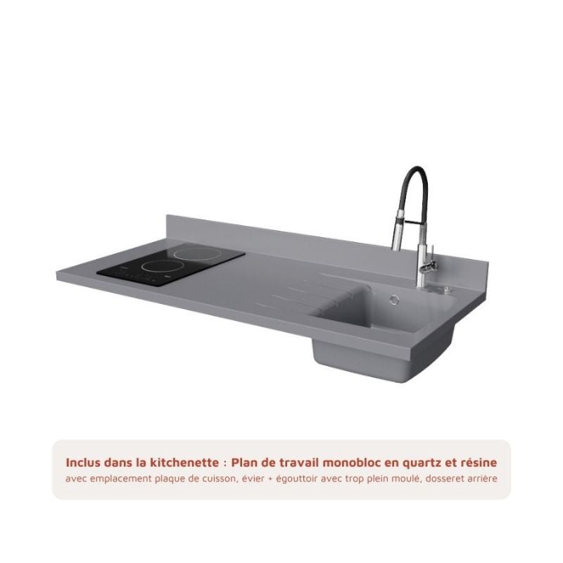 Kitchenette 140 cm modèle K13 - façades Gris - plan monobloc évier à droite Cromo - électroménager Inox inclus - 6