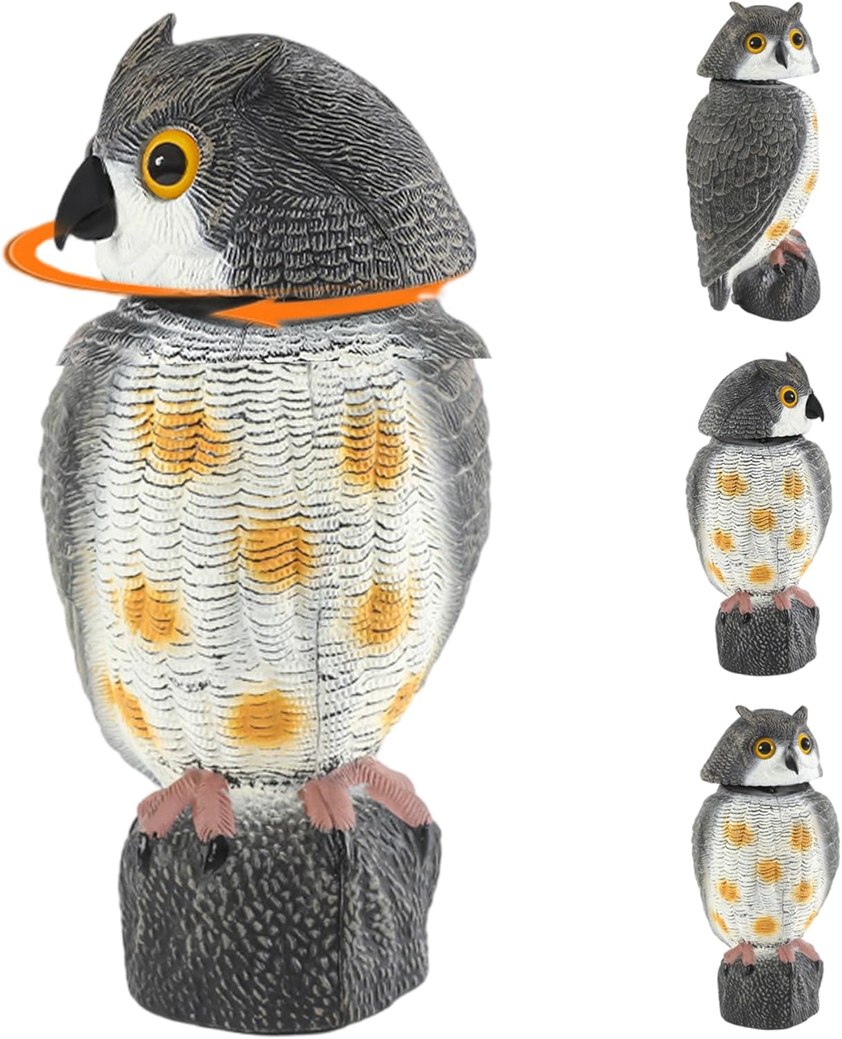 Señuelo de búho con cabeza giratoria, señuelos de búho realistas para ahuyentar pájaros, disuasivo de pájaros de plástico, 6, 7x7, 1x15 - 2