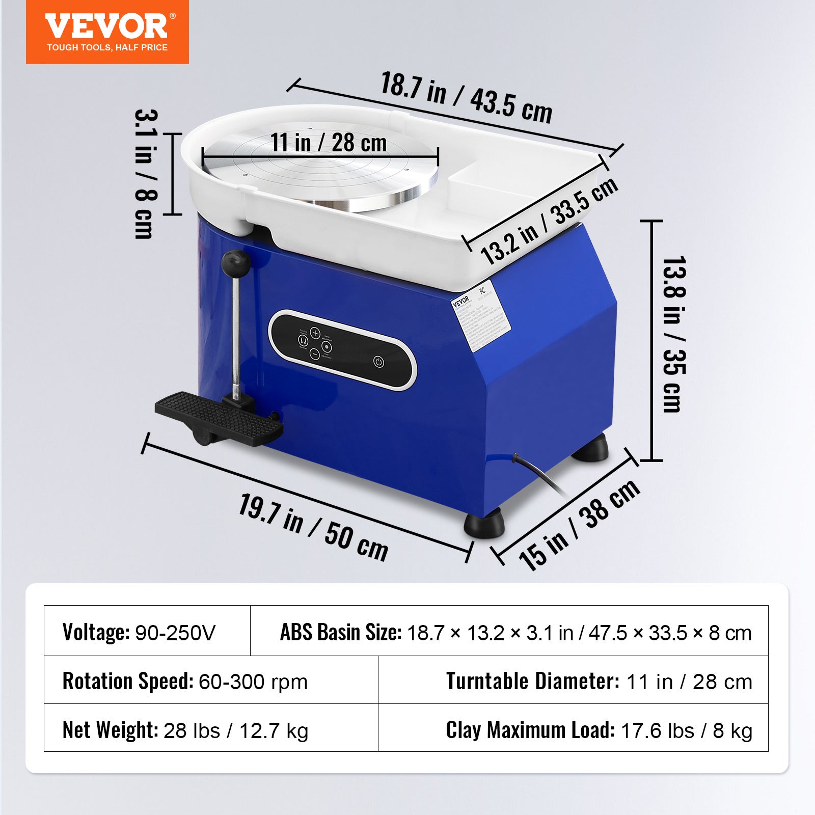Tour de Potier VEVOR 28 cm de Dia. Roue de Poterie Électrique 450 W 60-300 tr/min Machine de Poterie Électrique Charge Max. 8 kg d’Argile avec Pédale - 7