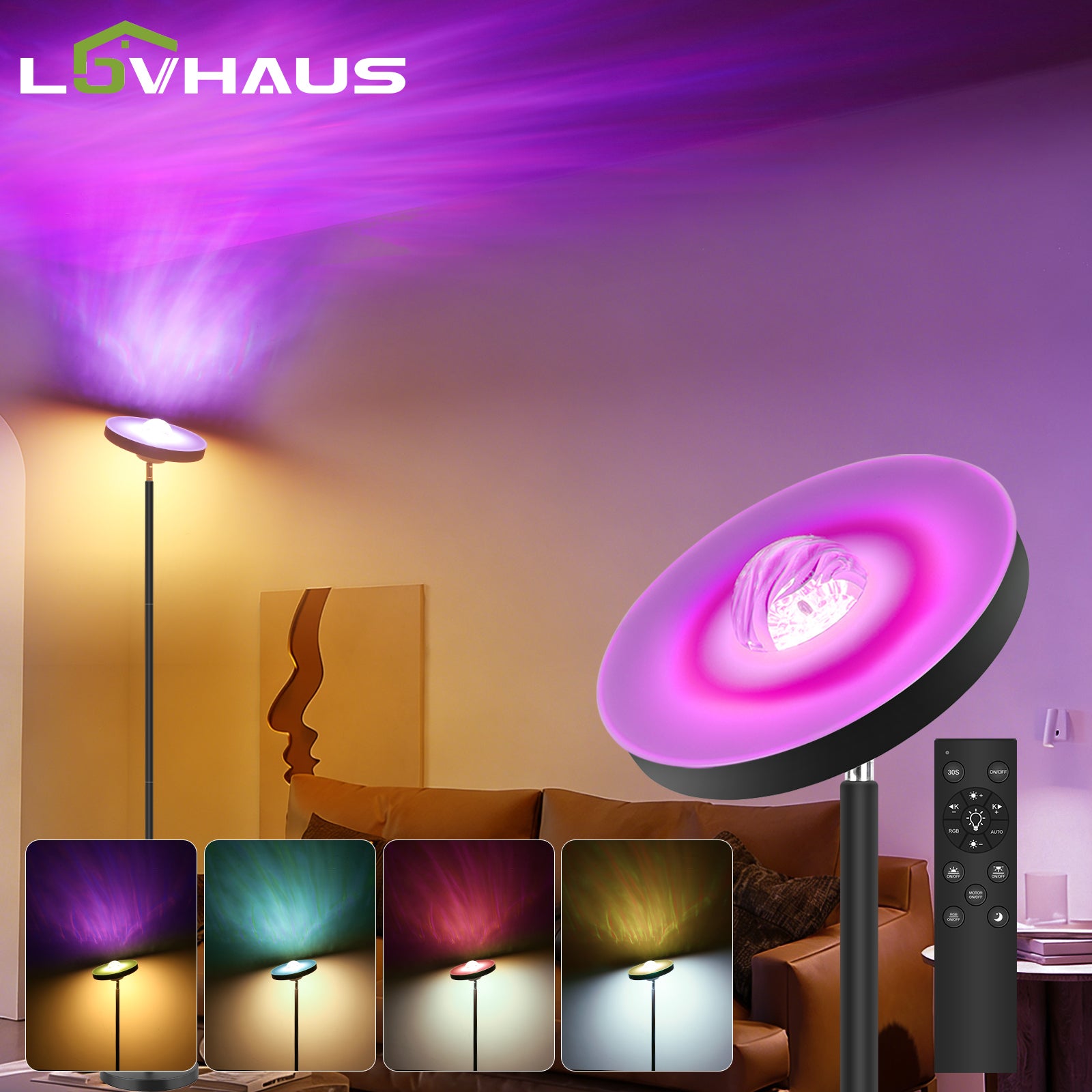 Lámpara de pie led 24w negra, salón dormitorio, iluminación rgb ondulada, intensidad regulable, 2700-6500k, habitación infantil, lovhaus