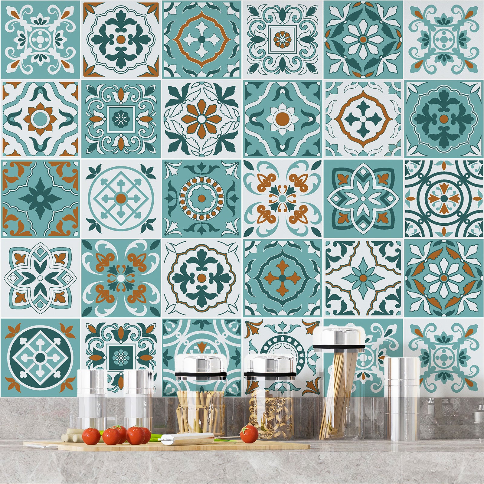 Crédence adhésive sticker décoratif pour cuisine - Effet carreaux de ciment - Adhésif + Protection BRILLANTE - 60x60 cm - 4