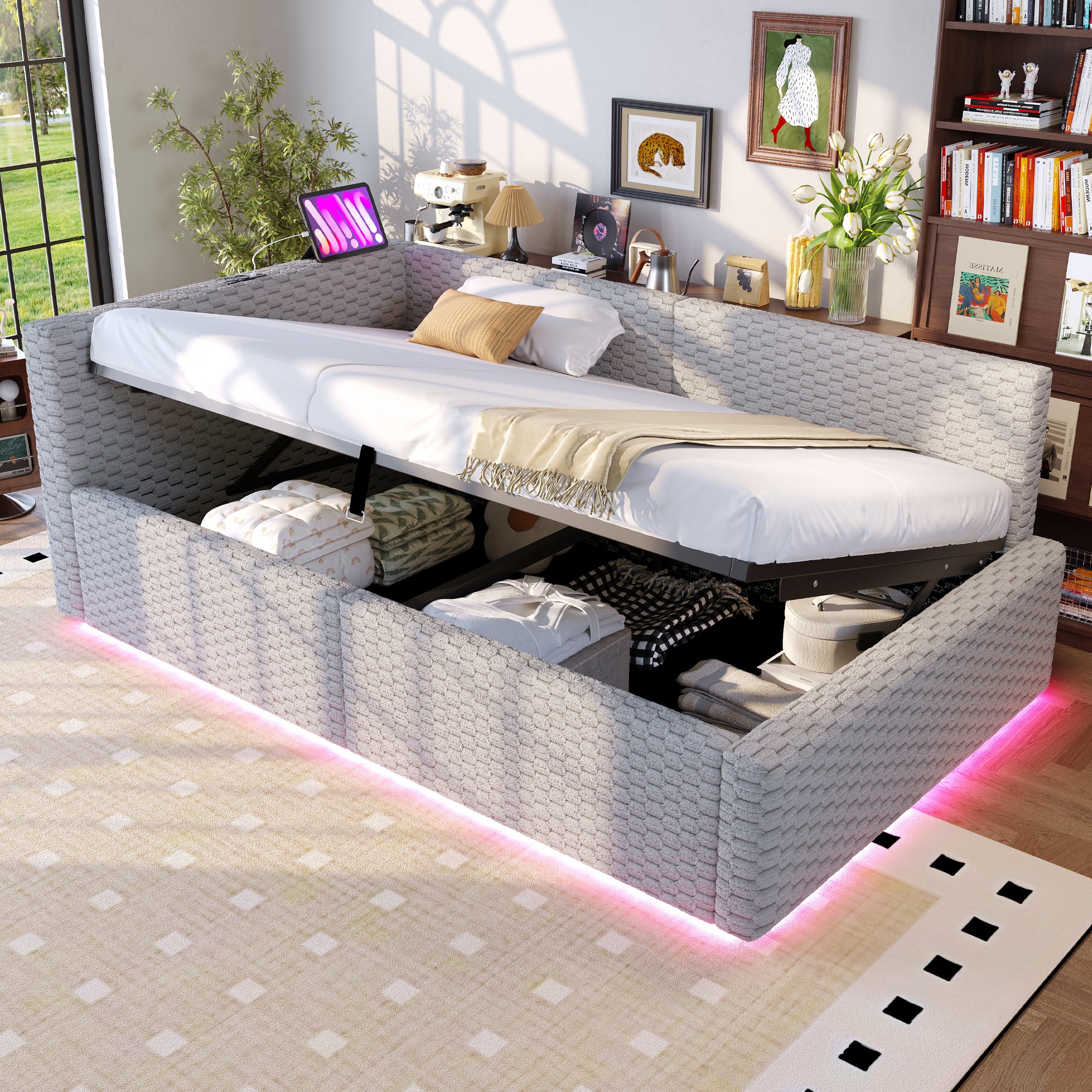 Wielofunkcyjne łóżko z pojemnikiem 90 x 200 cm z oświetleniem LED i portami USB/USB-C - Aksamit, MDF i sklejka - Szare
