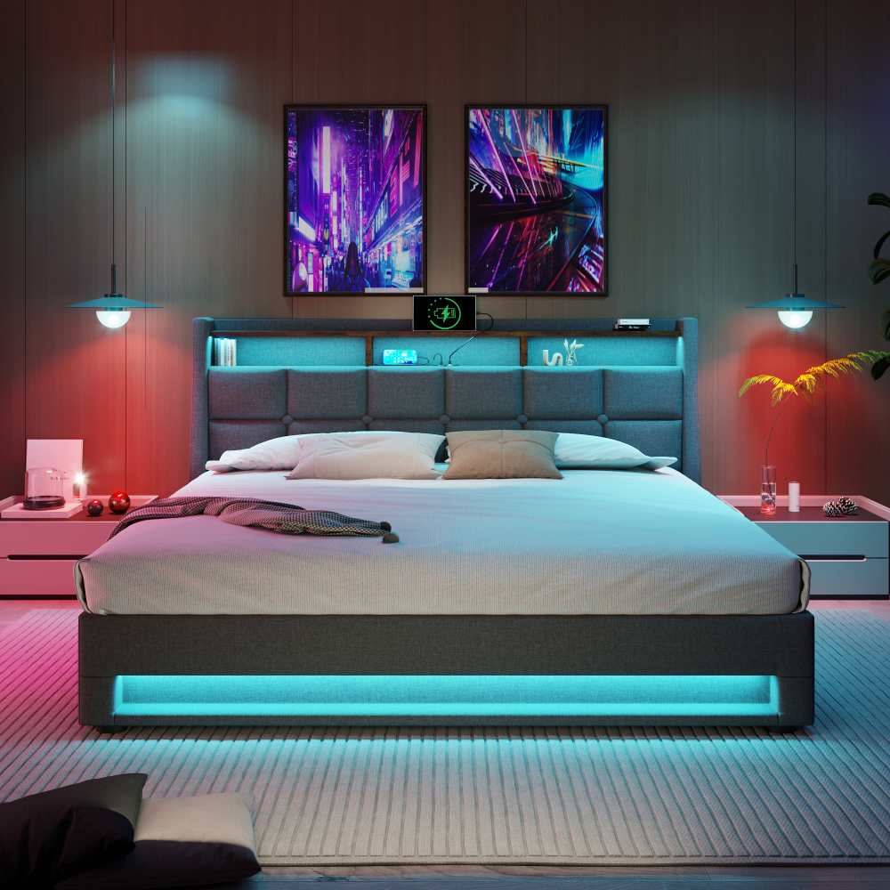 Łóżko tapicerowane z USB 180 x 200 cm, podwójne łóżko LED z metalową ramą i listwami, rama łóżka z lnu Łóżko młodzieżowe (bez materaca) - 4
