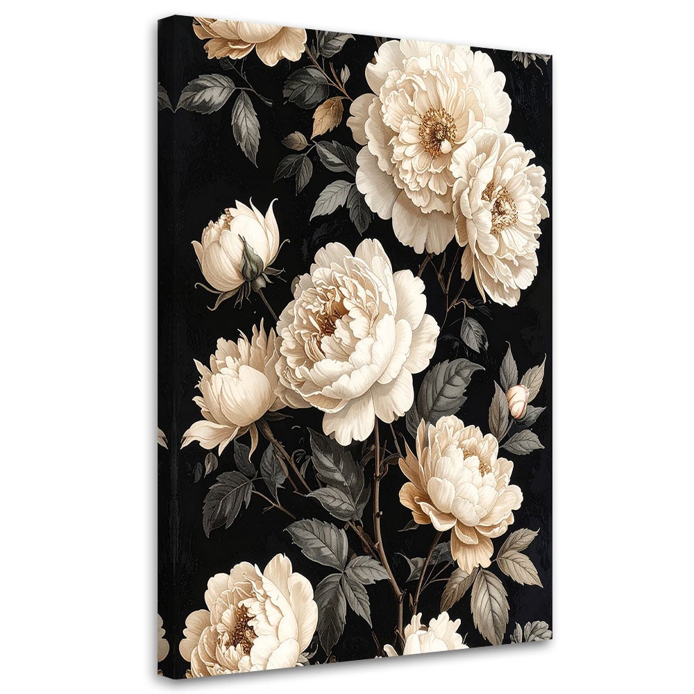 Obraz na płótnie, Białe róże na czarnym tle elegancka kwiatowa dekoracja ścienna w stylu glamour 40x60