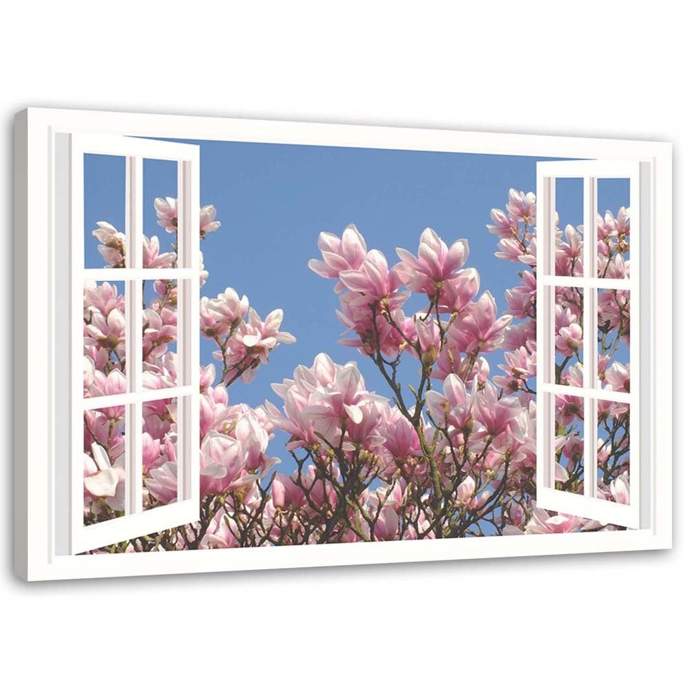 Obraz na płótnie, Kwitnąca magnolia za oknem 100x70