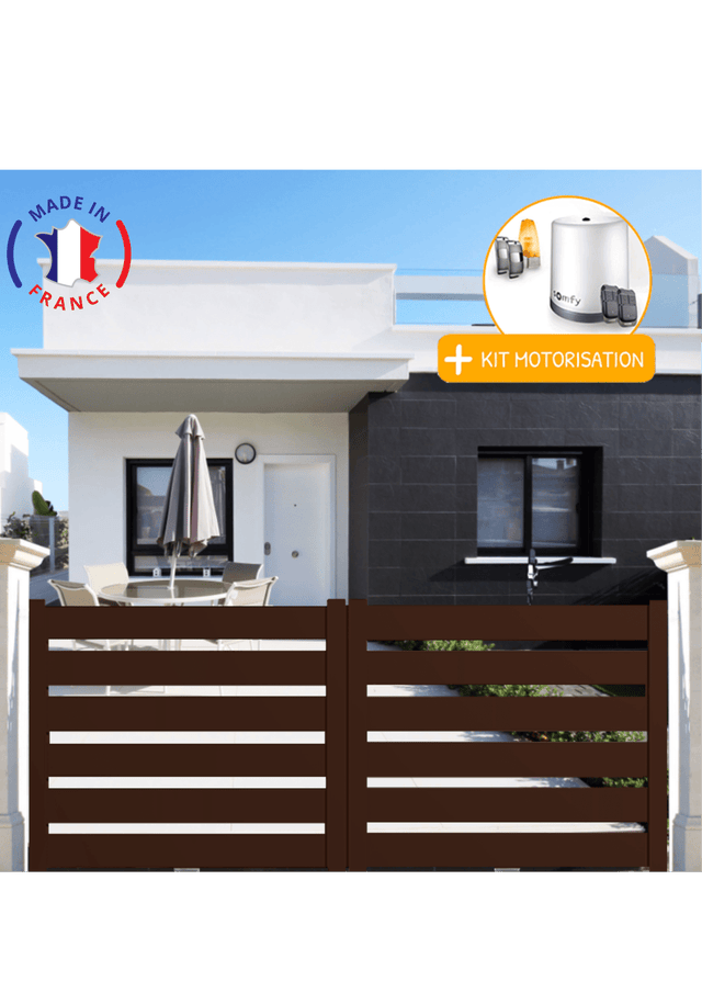 Portail aluminium coulissant SAH en kit + Motorisation dimensions L.4000 (entre piliers) X H.1500 mm Couleurs Marron (RAL 1247)