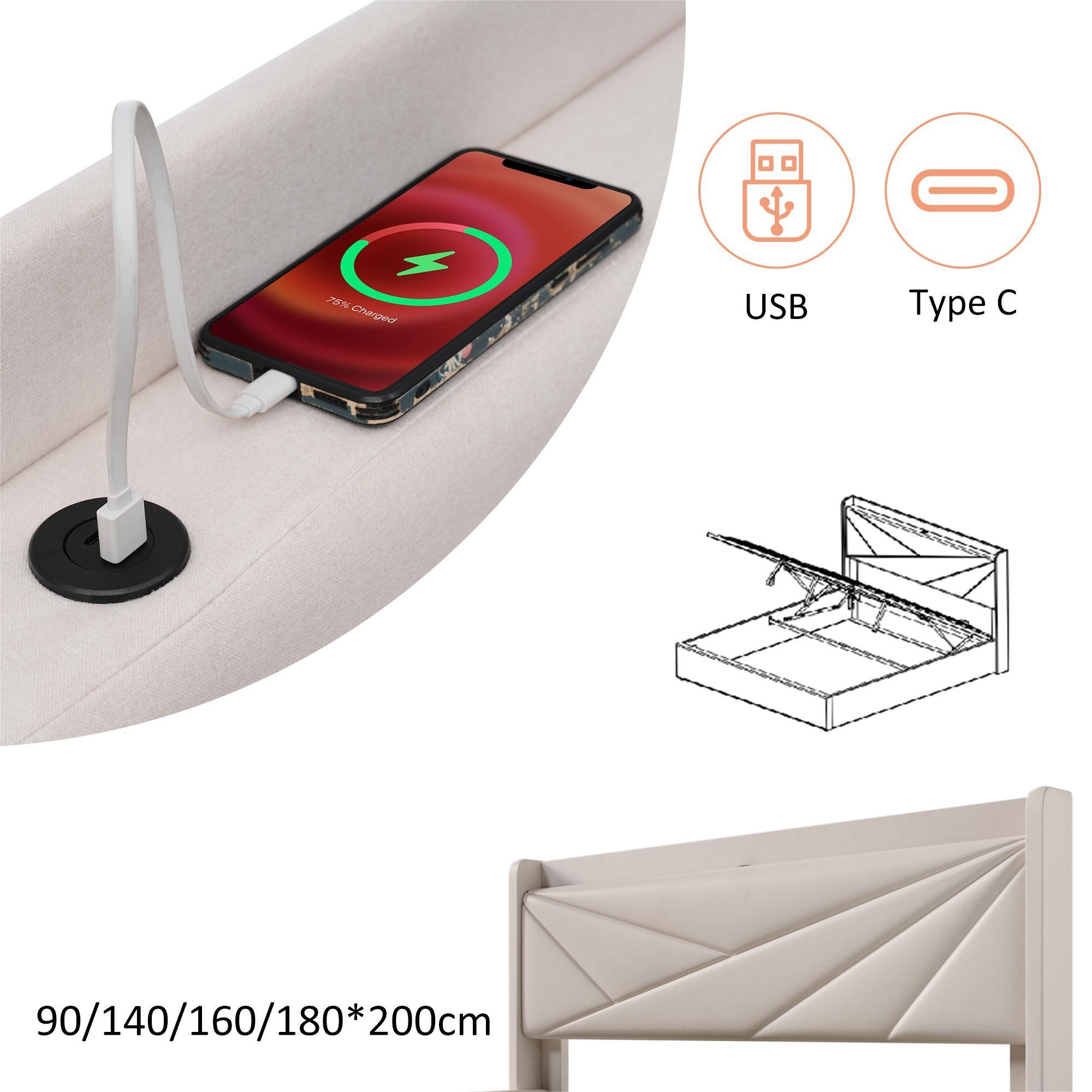 Łóżko 90x200cm z tkaniny lnianej - z portem USB i stelażem na listwy - Beżowe - 3
