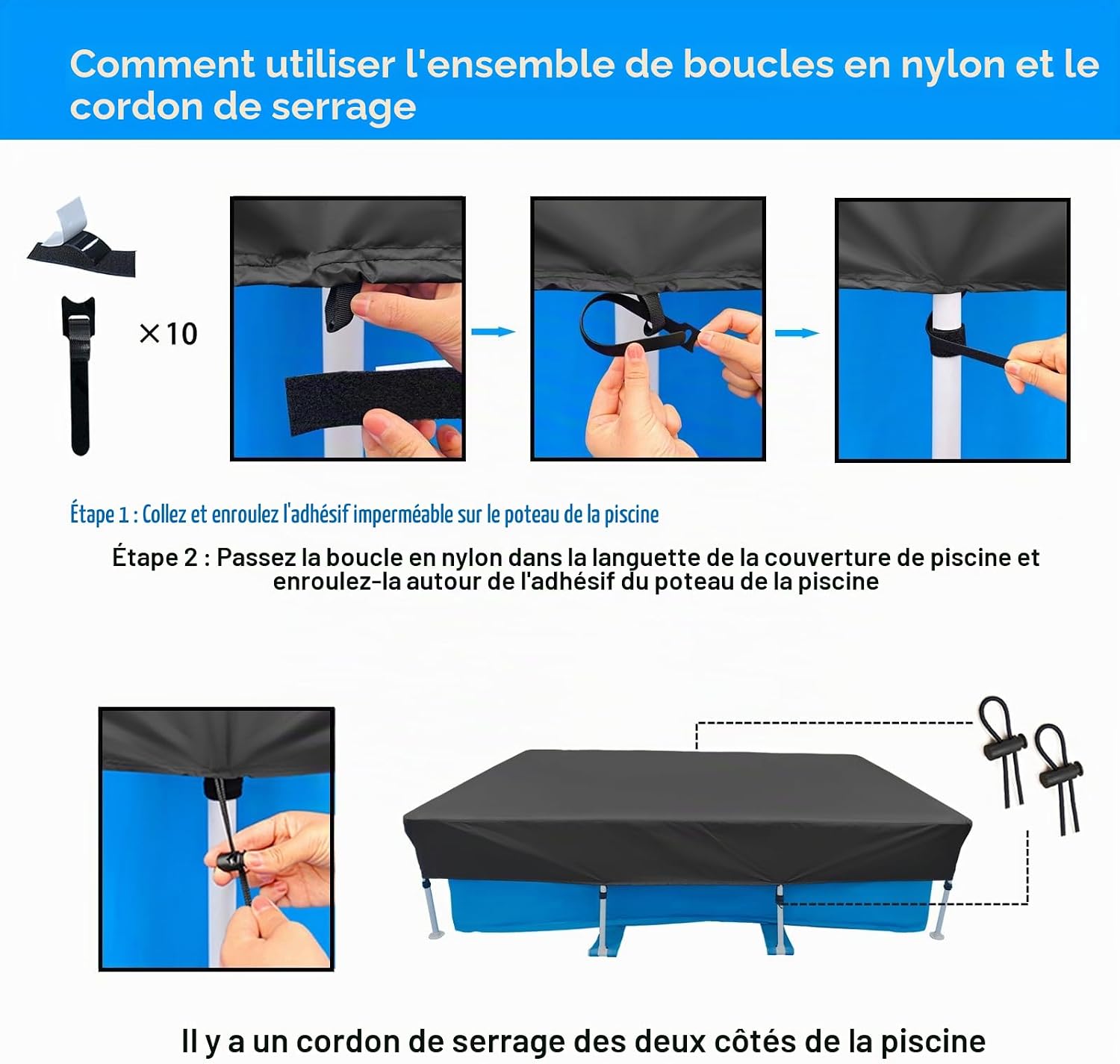 Bâche de Piscine Rectangulaire 230 x 160 cm pour Piscines 2.20 x 1.50 m Pool Cover Facile à Installer Bâche de Couverture - 7