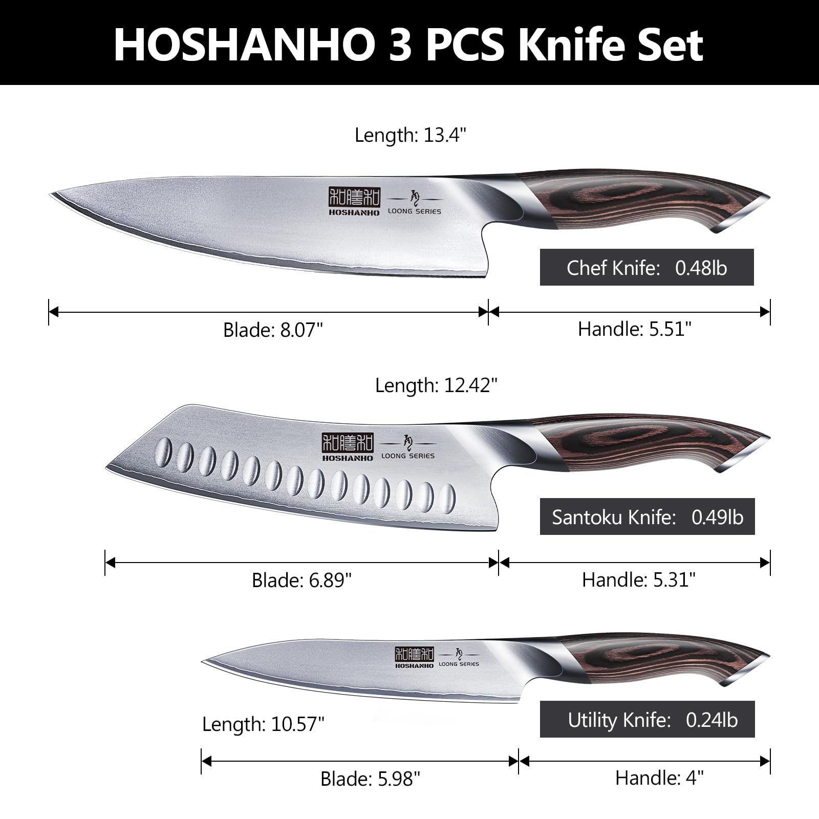 HOSHANHO Set di Coltelli da Cucina, Set di Coltelli con Acciaio Inossidabile, Coltello da Chef 20 cm Affilati Coltello Santoku 18cm Coltello Multiuso - 2