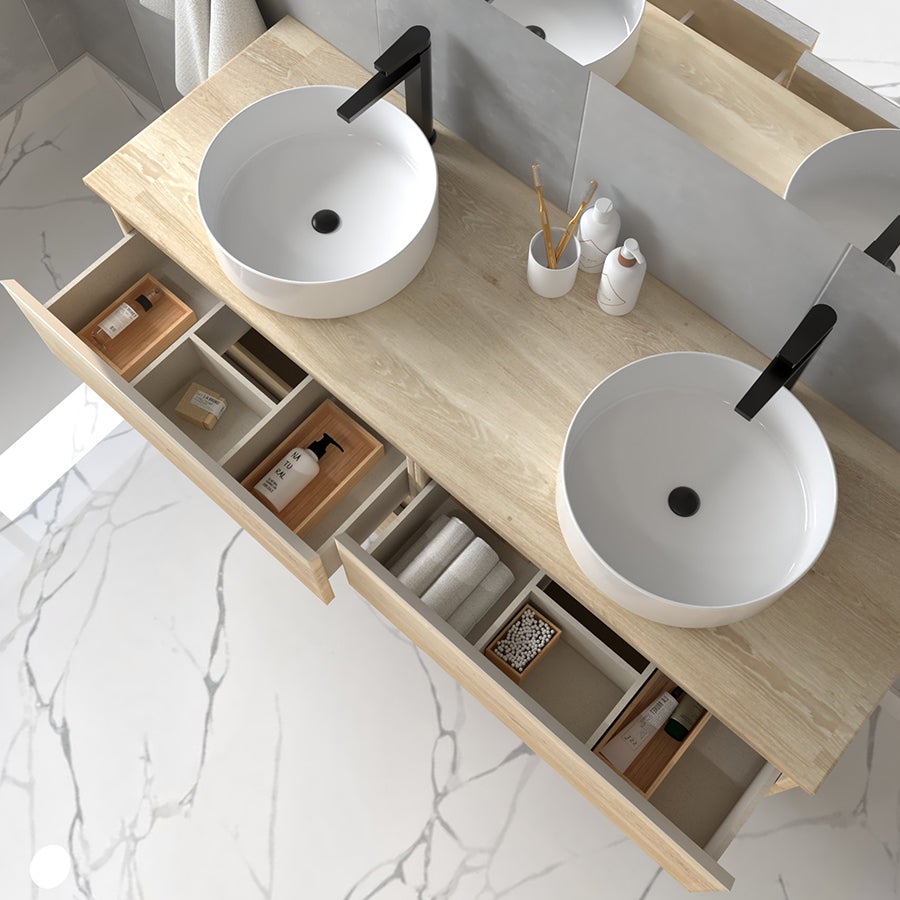 Meuble de salle de bain sans miroir avec vasques ronde BALEA - Bambou (chêne clair) - 120cm - 2