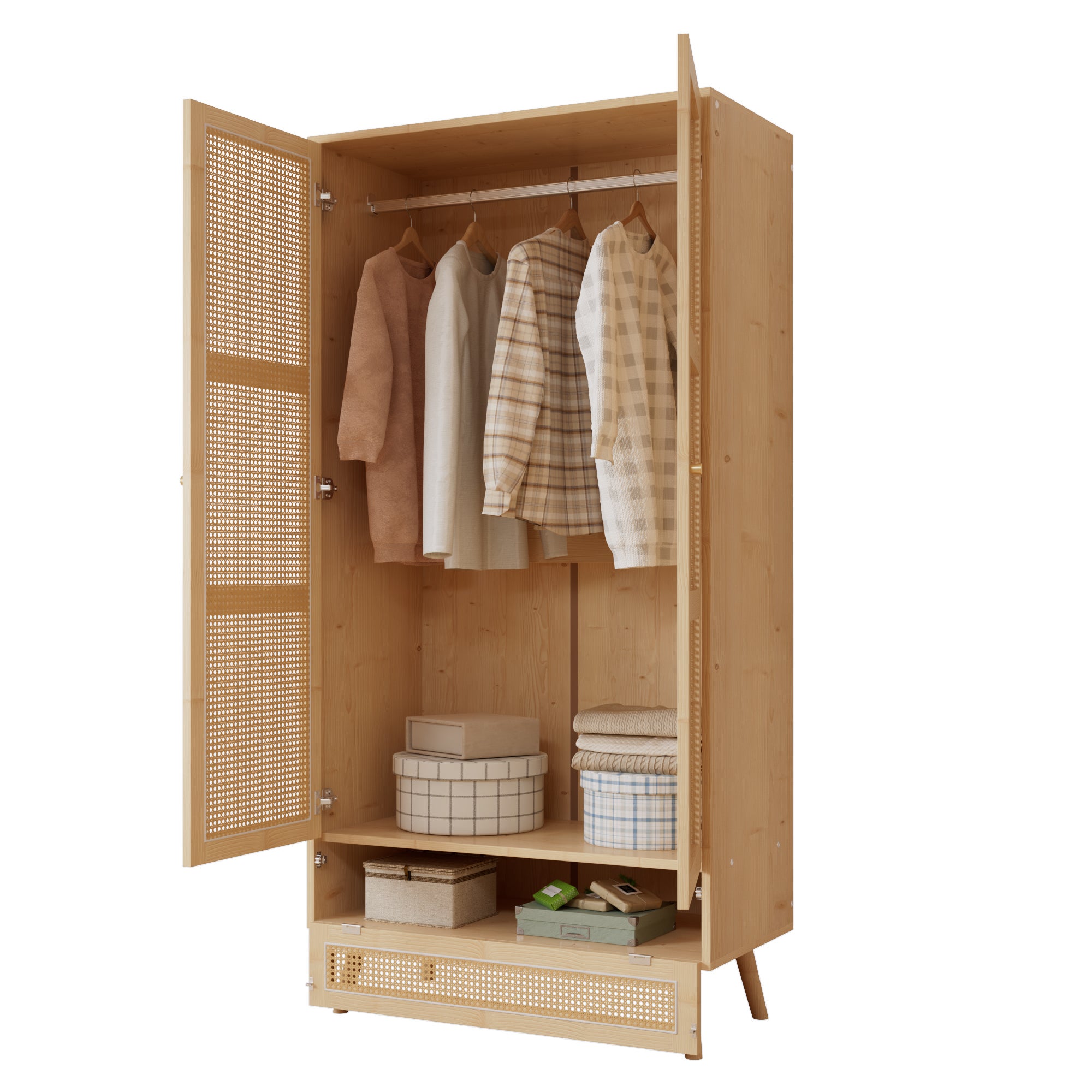 Armoire avec tringle - 2 portes grillagées en rotin et 1 compartiment abattant - Naturel - 3