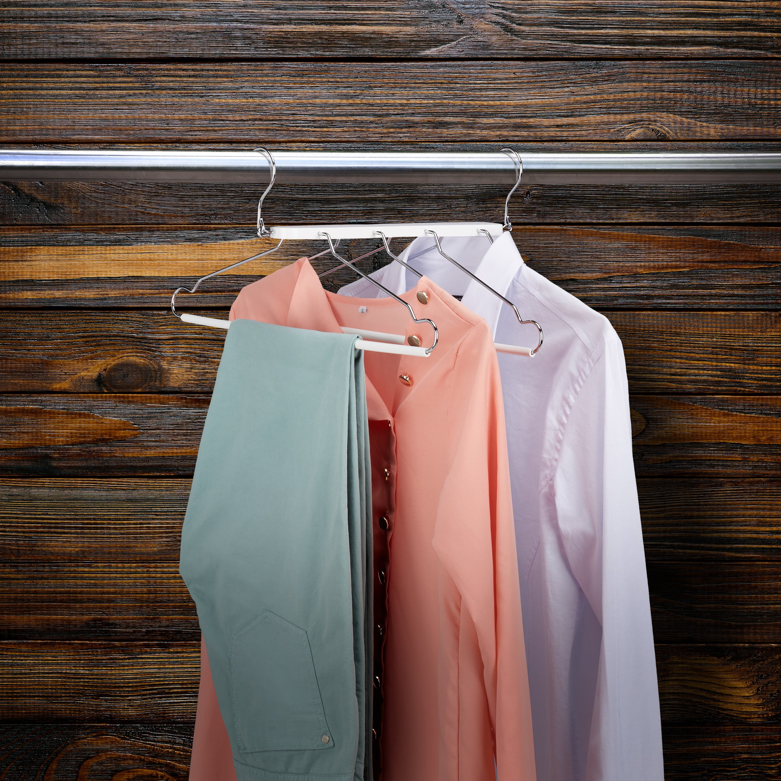 Cintre multiple, 4 x avec traverse pour pantalon, bois, métal, porte-chemises, peu encombrant, armoire, blanc, Relaxdays - 5