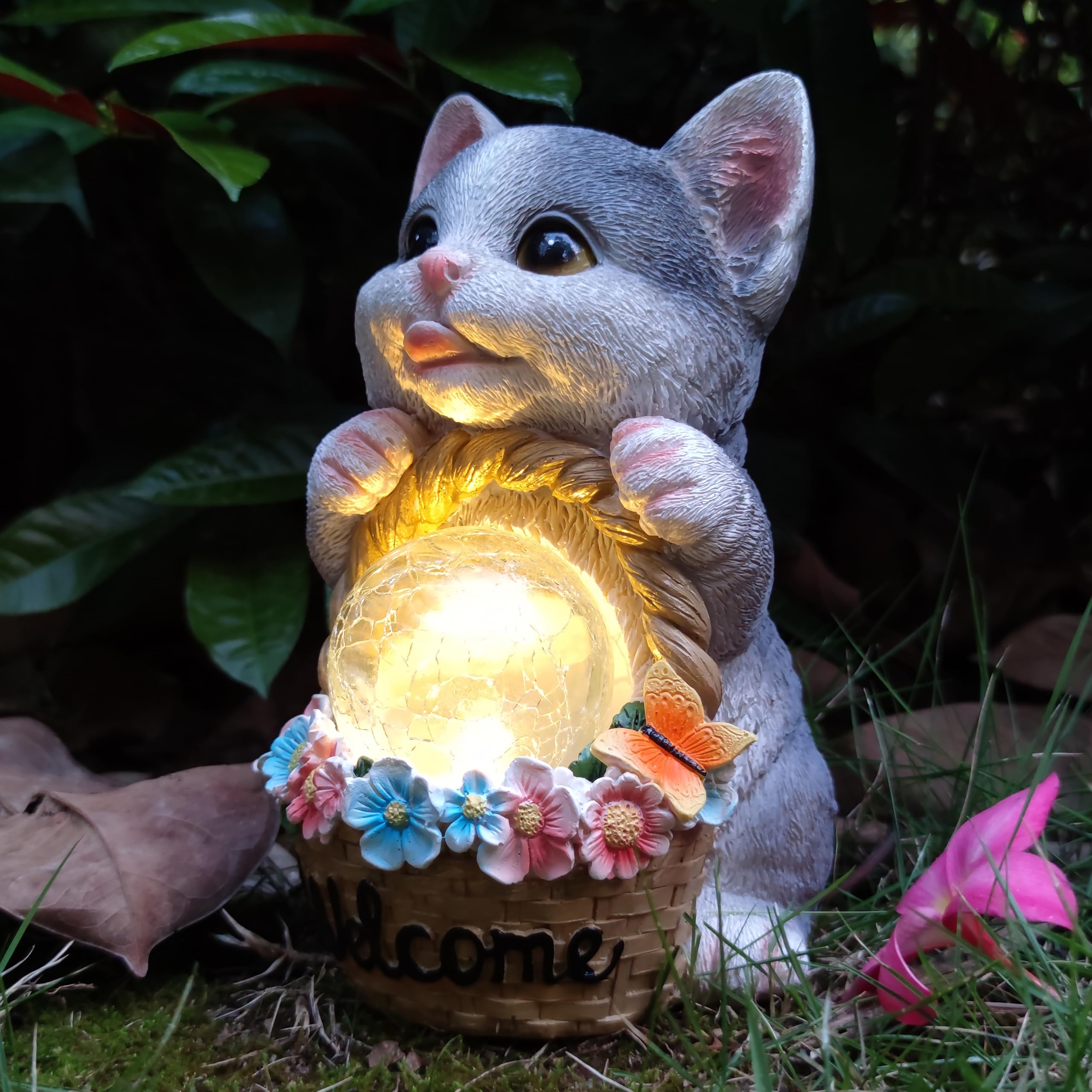 Statua solare da giardino a forma di gatto con 3 luci LED, ornamento da giardino in