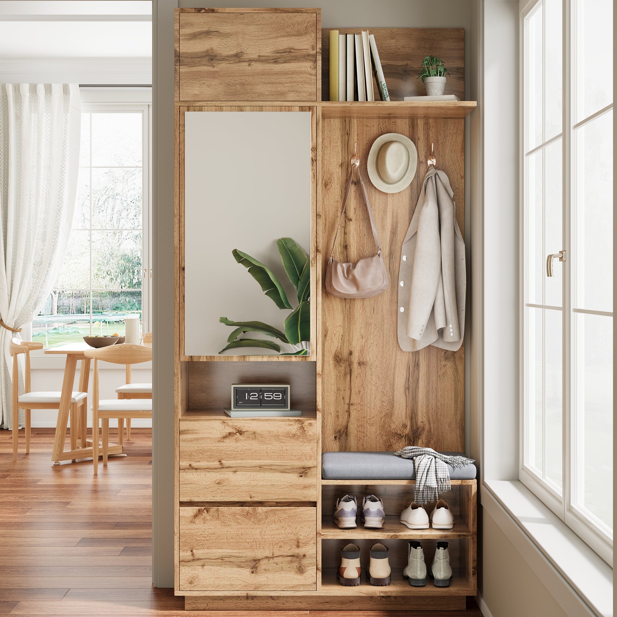Szafka na buty z lustrem, ławką, wieszakami, 3 drzwiami i 1 szufladą - 90 x 34,5 x 190 cm - MDF - Naturalna