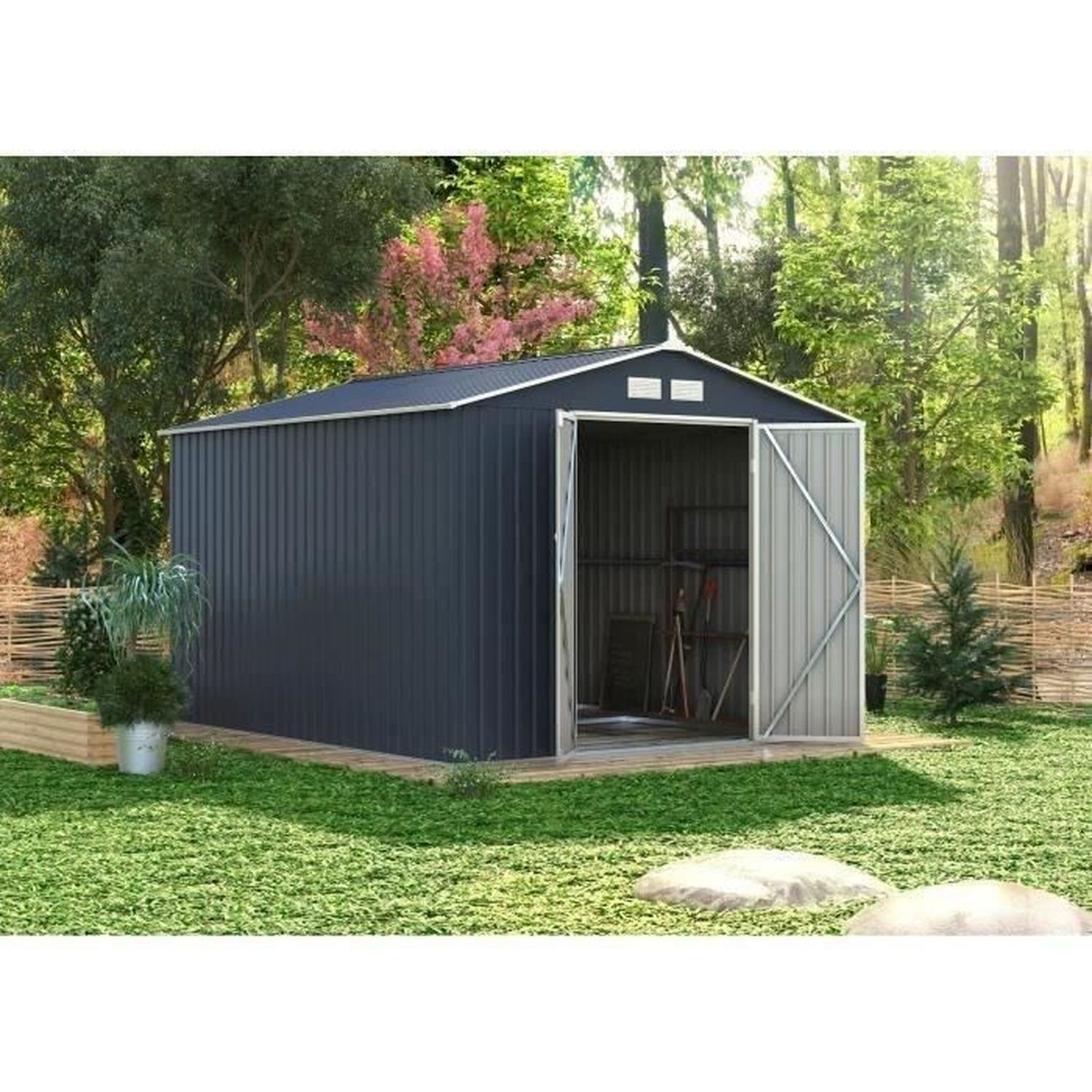 Abri de jardin en métal 8,84 m² - 277 x 319 x 202 cm - Kit d'ancrage inclus - Gris - Youdoit - 2
