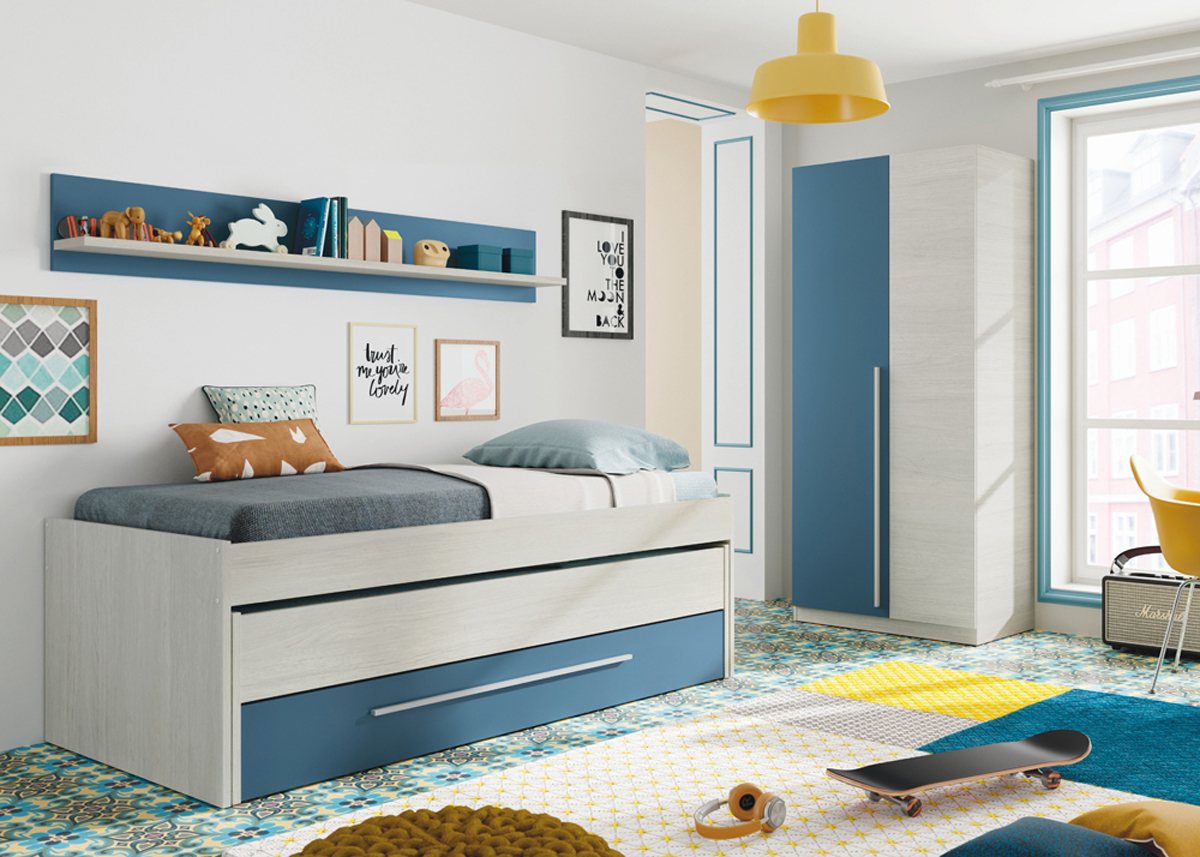 Armoire avec 2 portes coloris Blanc Alpes / bleu en mélamine - Dim : 200 x 90 x 52 cm - 2