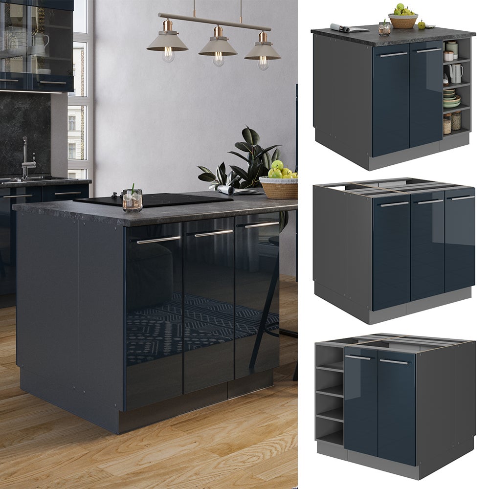 Vicco îlot de cuisine Fame-Line, Bleu foncé brillant/Anthracite, 90cm sans PT - 2