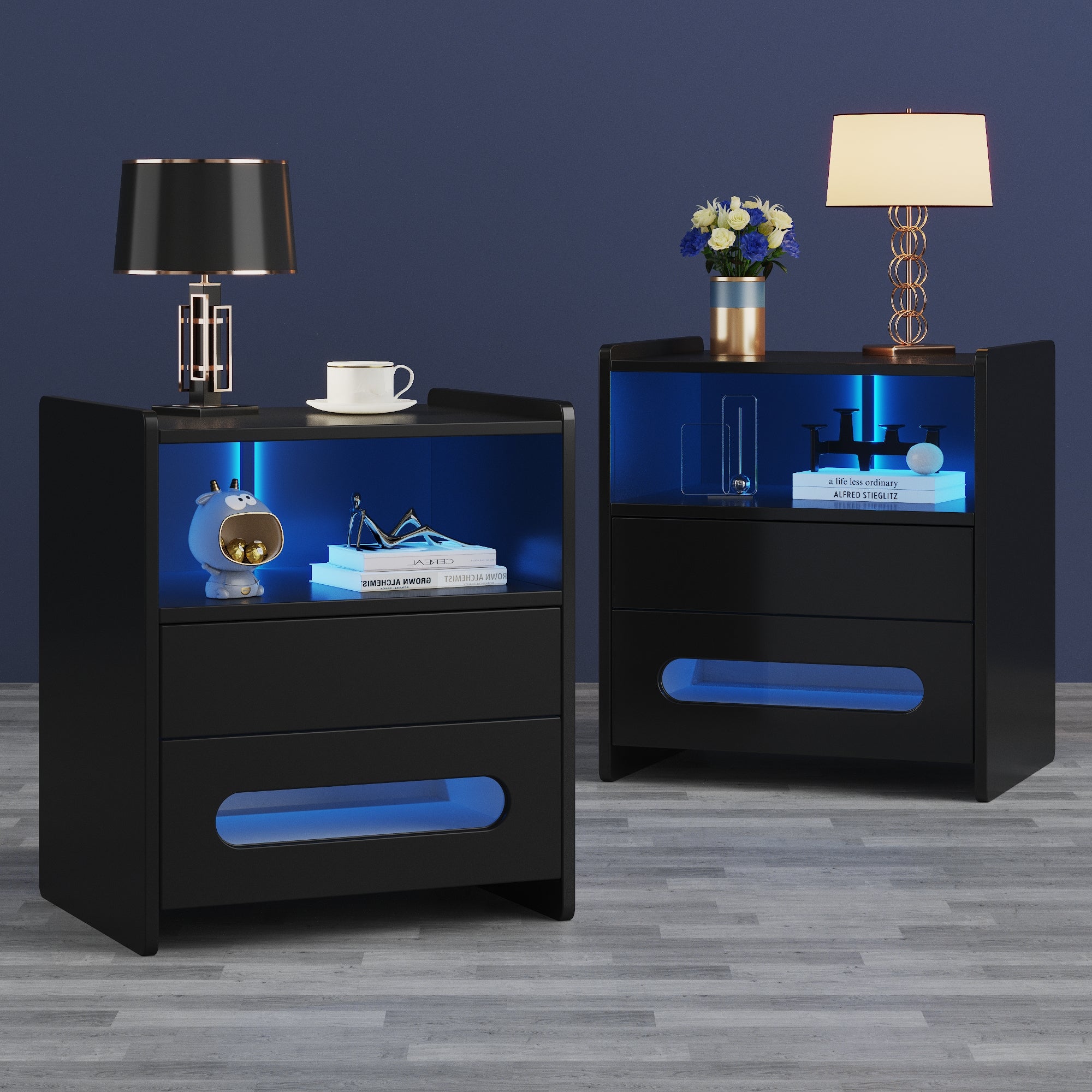 Lot De 2 Tables De Nuit Avec LED Réglables – Noir, Rangement Armoire, Design Moderne, Facile à Assembler