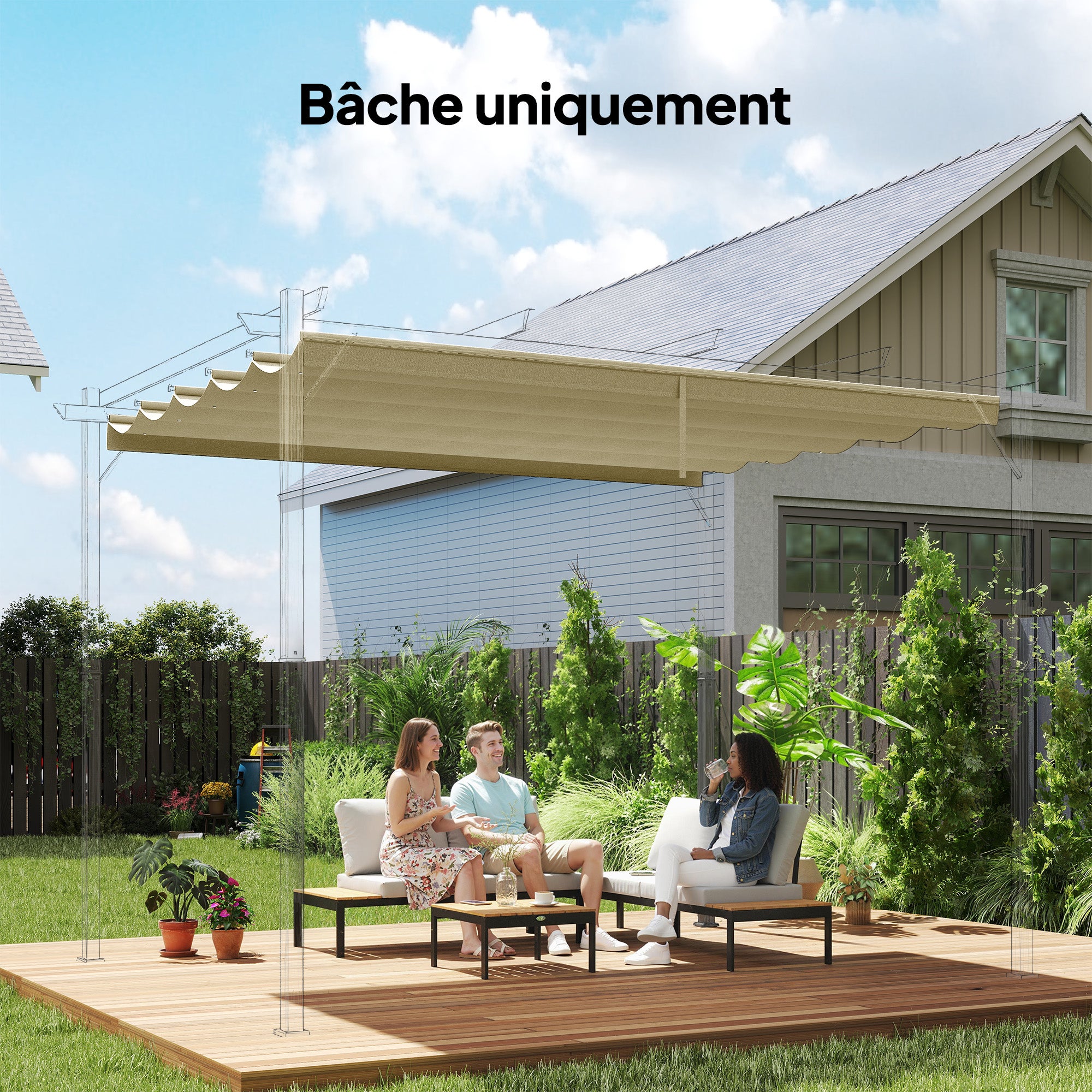 Toile de toit pour pergola tonnelle rétractable de 4 x 3 m - toile uniquement 350 x 260 cm beige - 3