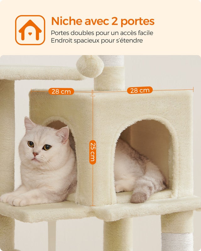 Arbre à Chat Hauteur 112 cm, avec 4 Poteaux à Griffer, 2 Plateformes, 1 Niche, 1 Hamac, 2 Pompons, Beige - 4