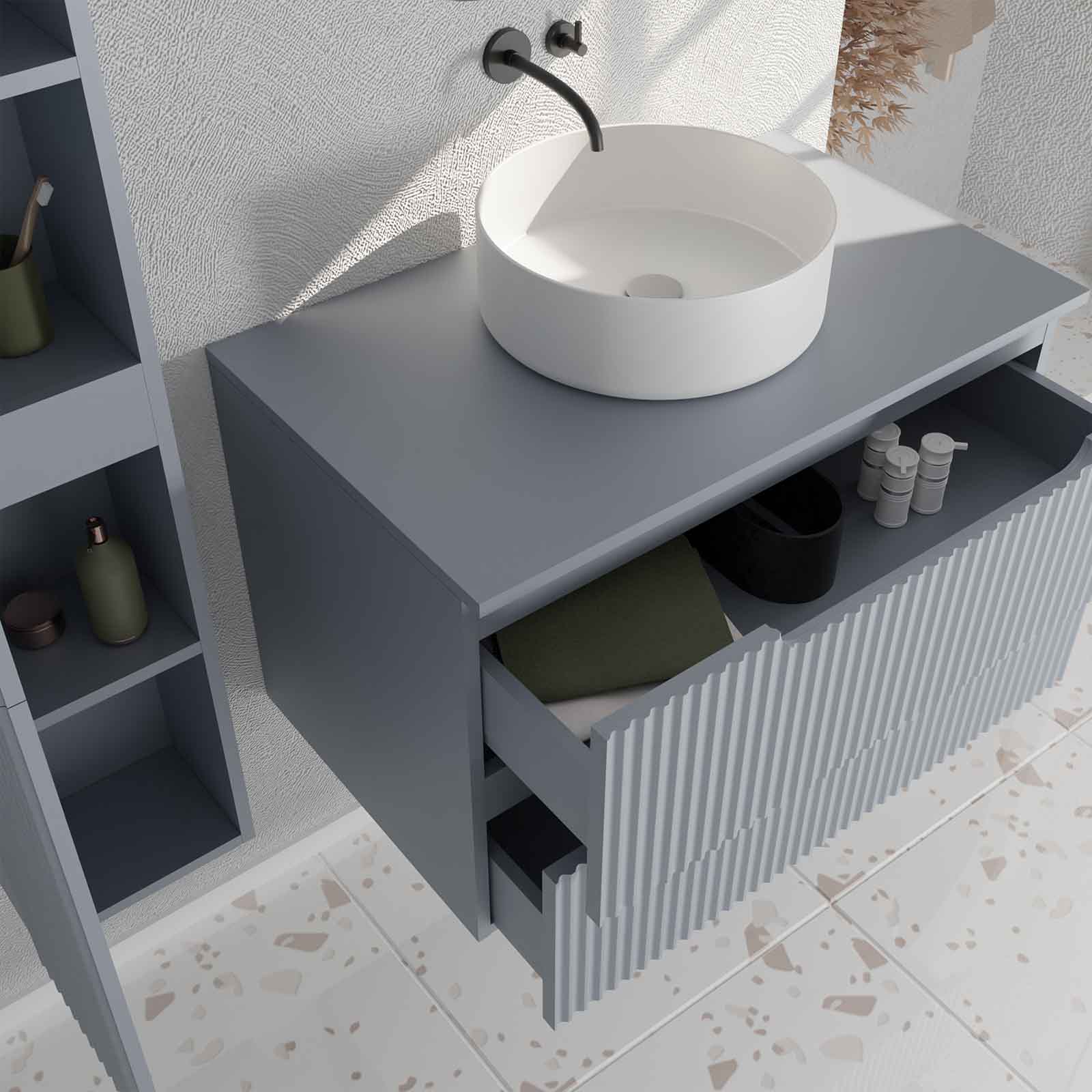 Meuble et colonne de Salle de Bains LEON 80cm Gris souris - Façades Ondulées - Vasque Ronde 36cm - 2