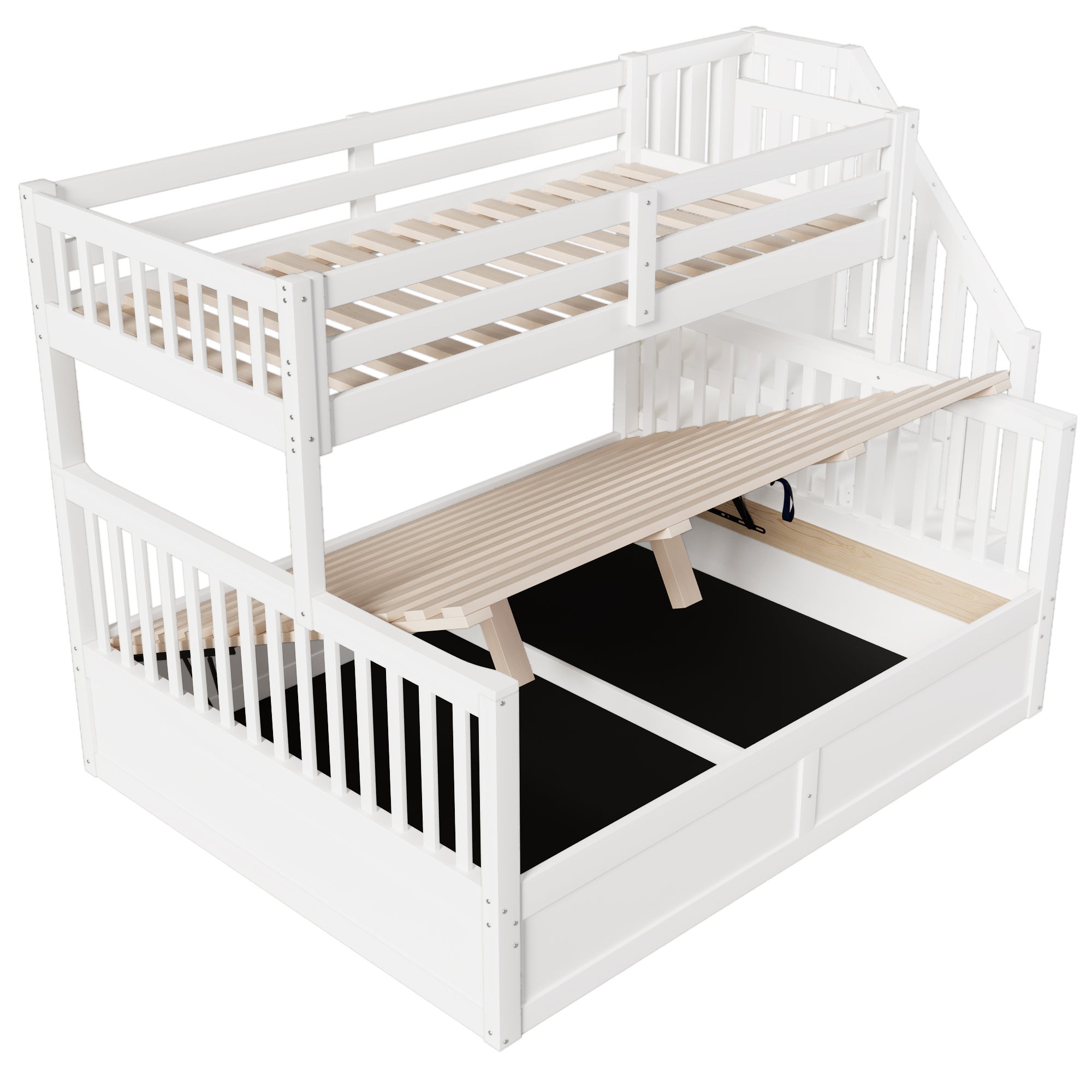 Lit superposé en bois 90x200 et 140x200 cm, lit coffre en dessous avec sommier à lattes, lit d'enfant avec échelle rangement, blanc (sans matelas) - 7