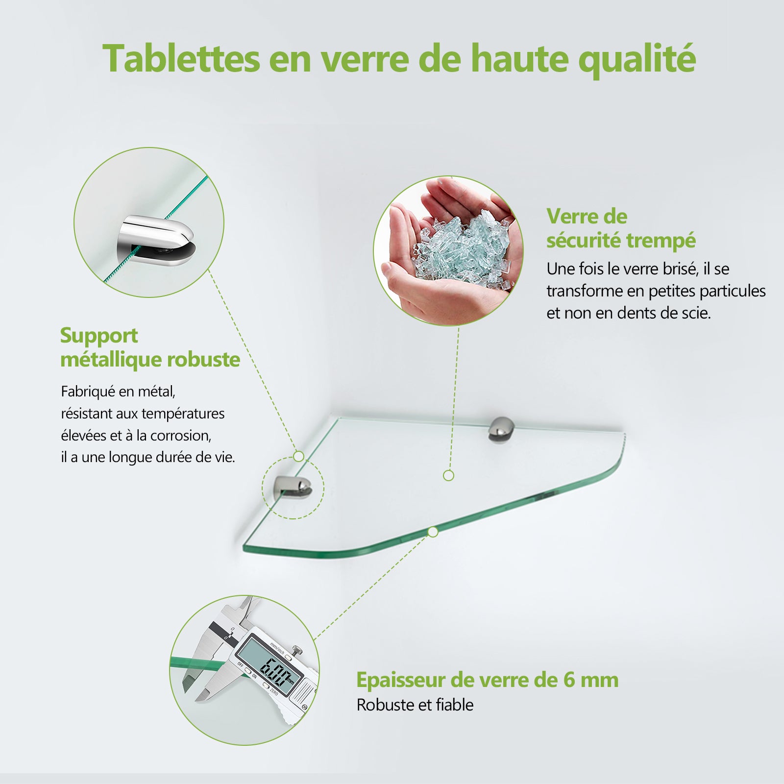 Étagère murale en verre d'angle 23×23 cm, 6 mm d’épaisseur, pour salle de bain – support chromé – 2 pièce S’AFIELINA - 3