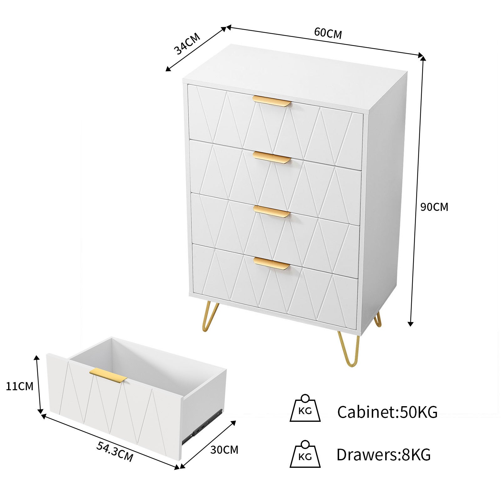 Commode 4 tiroirs, meuble rangement étroit blanc, armoire de stockage chambre salon entrée couloir, commode,60x34x90 cm - 4