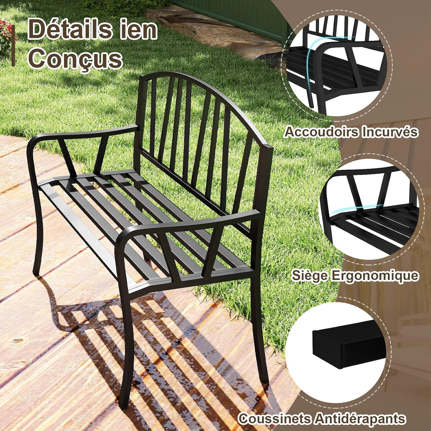 Banc de Jardin Extérieur 2-3 Places Charge 300KG avec Cadre en Métal Antirouille 129x53x93cm Noir - 6