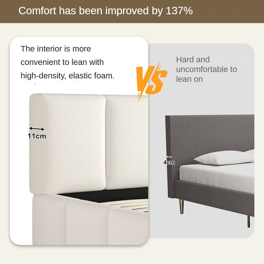 Lit double 180x200 cm rembourré beige bouclé avec tête de lit 11 cm, sommier à lattes inclus, design minimaliste et stable charge 300 kg - 8