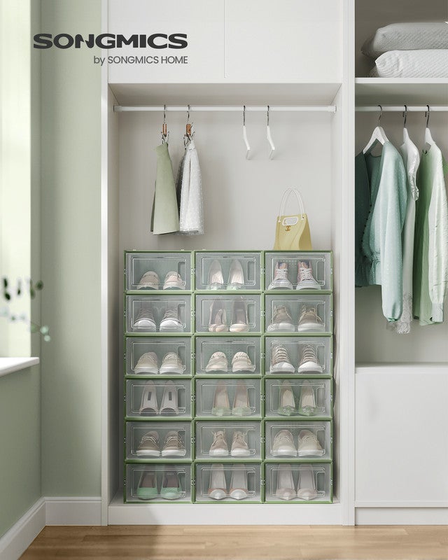 Boîtes à Chaussures, Lot de 18, Rangement Chaussures, Pliable, pour Pointure jusqu’à 44, Transparent et Vert Olive - 2