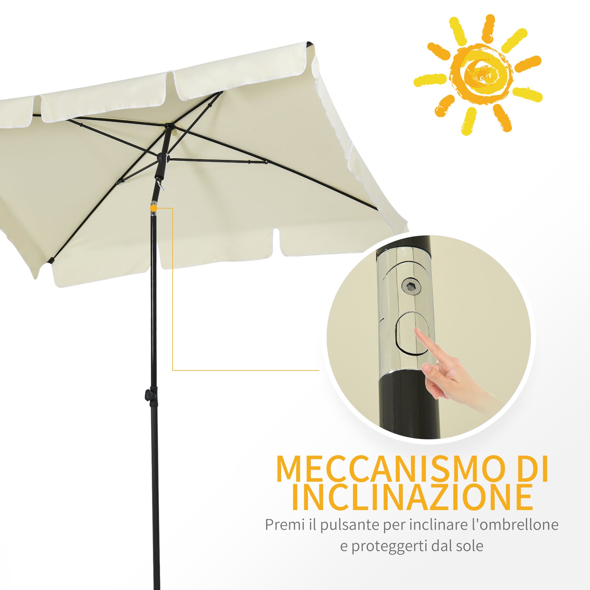 Outsunny Ombrellone da Giardino Rettangolare 2x1.3 m con Inclinazione Regolabile e Palo in Alluminio, Beige e Nero - 4