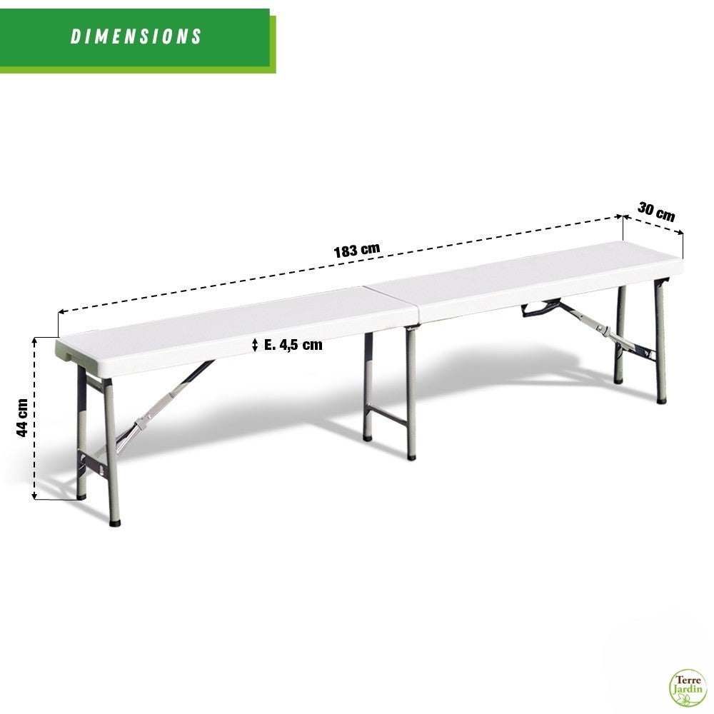 Banc de jardin pliable en acier et plastique - 4 places - Compact - Blanc - 183x30x44 cm - 2