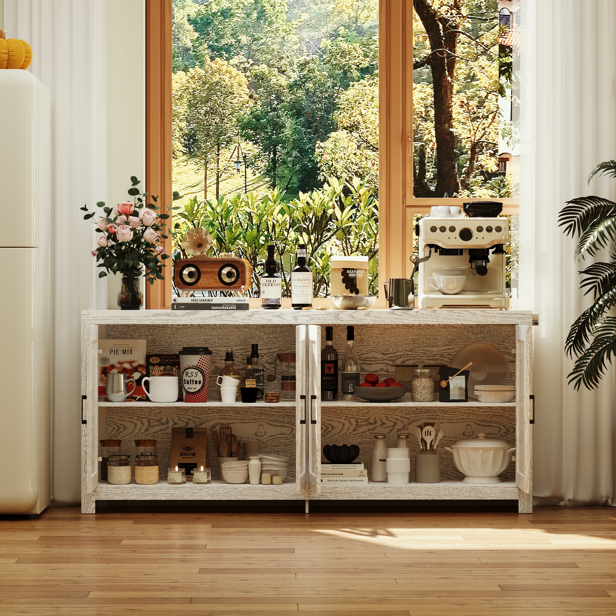 Buffet avec 4 Porte verre,Meuble de Rangement,180x40x88cm,Étagère, Style Campagnard, Blanc - 2