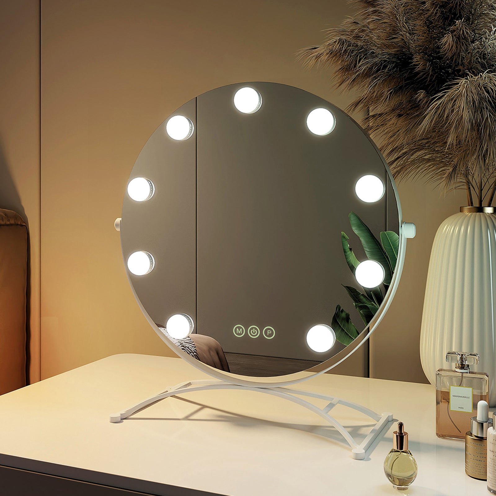 EMKE Lustro do makijażu z 9 LED, 3 kolory światła, powiększenie 7x, obracane o 360°, białe, 47x40x16 cm
