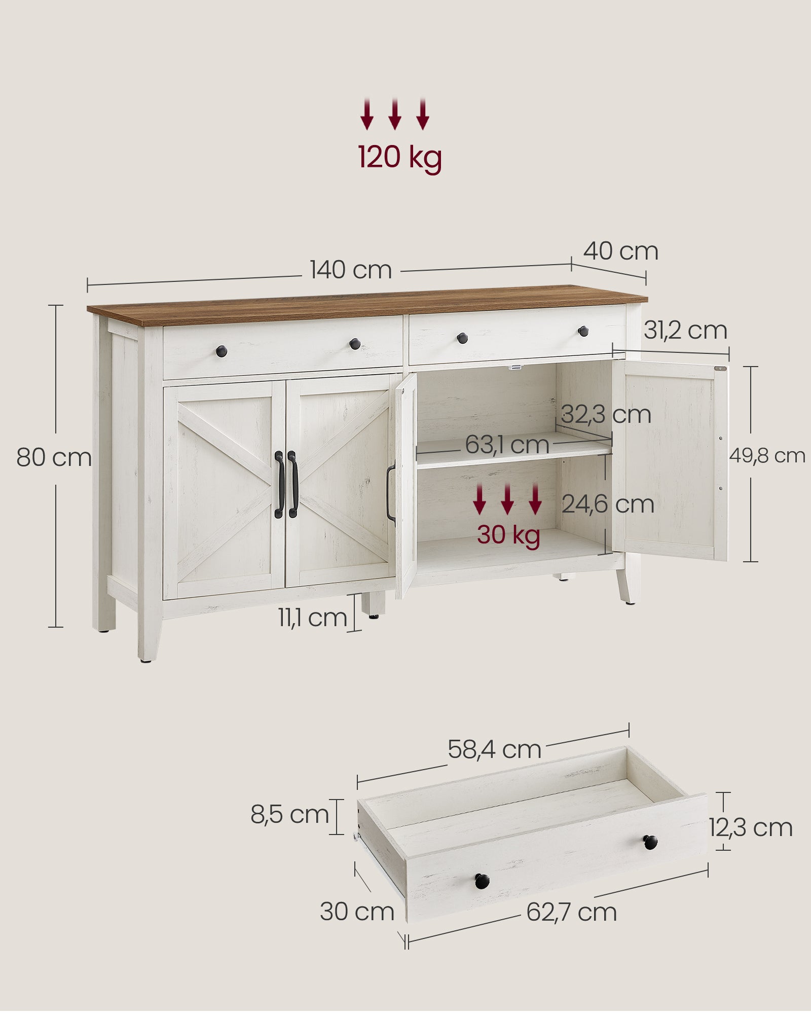Buffet, Meuble de Rangement avec Tiroir, avec Portes, Étagère Réglable, Style Campagne, 40 x 140 x 80 cm, Blanc Rustique et Marron Miel - 5
