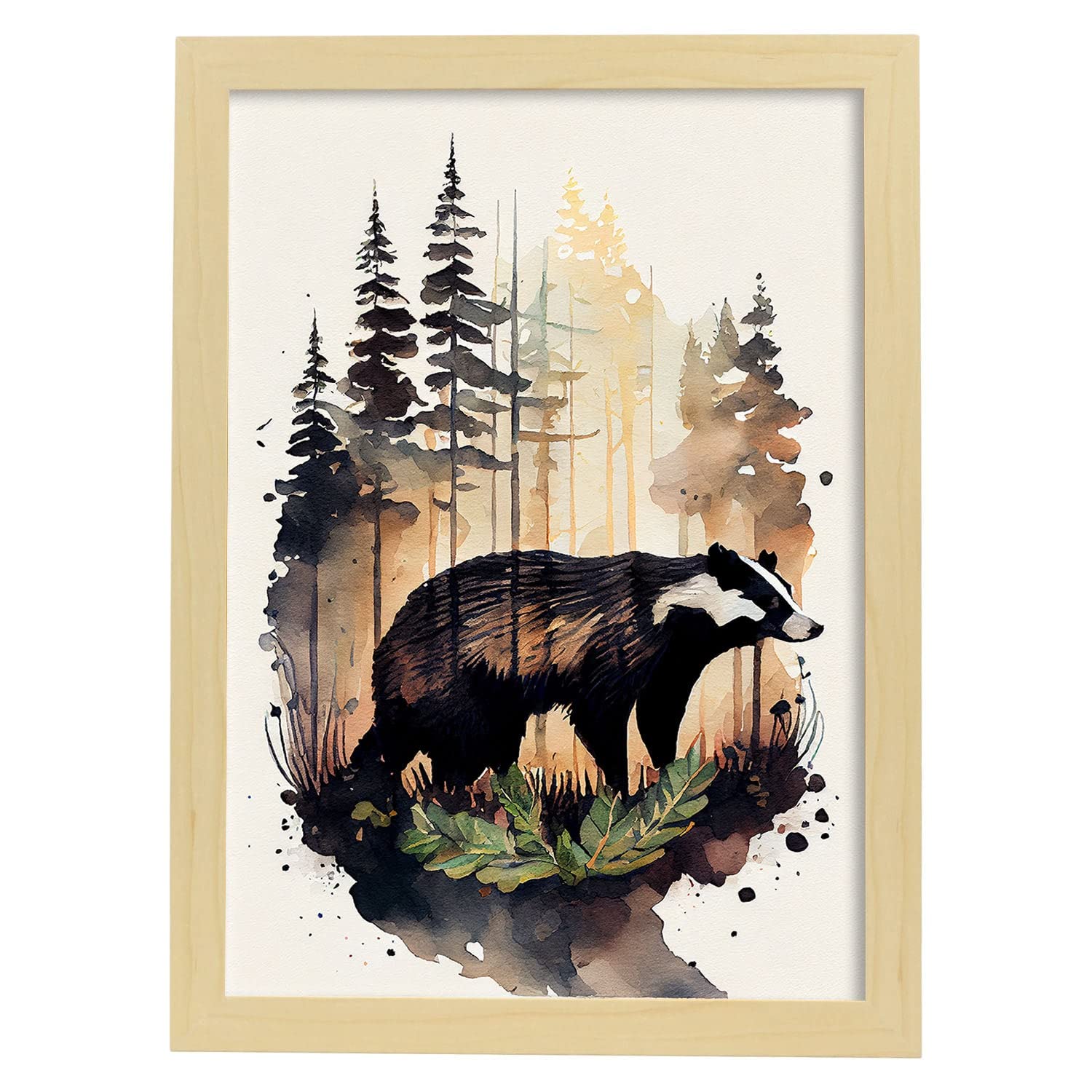 Nacnic poster de tejón en estilo acuarela ilustraciones a todo color de animales salvajes en la naturaleza y a3 con marco de madera clara