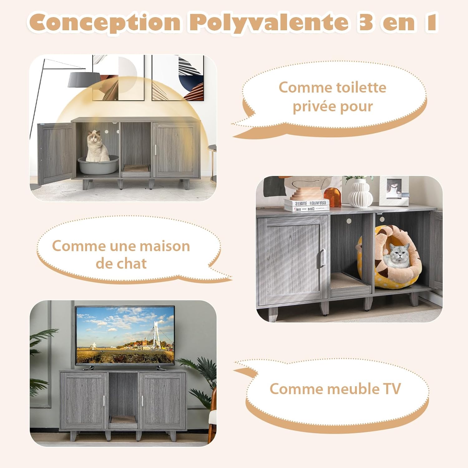 Caixa de Areia para Gatos 3 em 1, Móvel para Gatos com 2 Portas, Pernas Removíveis e Arranhador Removível Placa, Casa Interior para 2 Gatos - 3