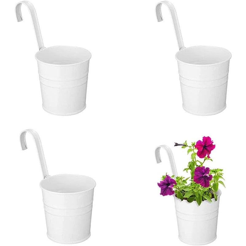 4 sztuki metalowych doniczek wiszących o średnicy 10 cm, mała wisząca doniczka do wewnątrz i na zewnątrz, na balkon – z odpinanymi haczykami – biała