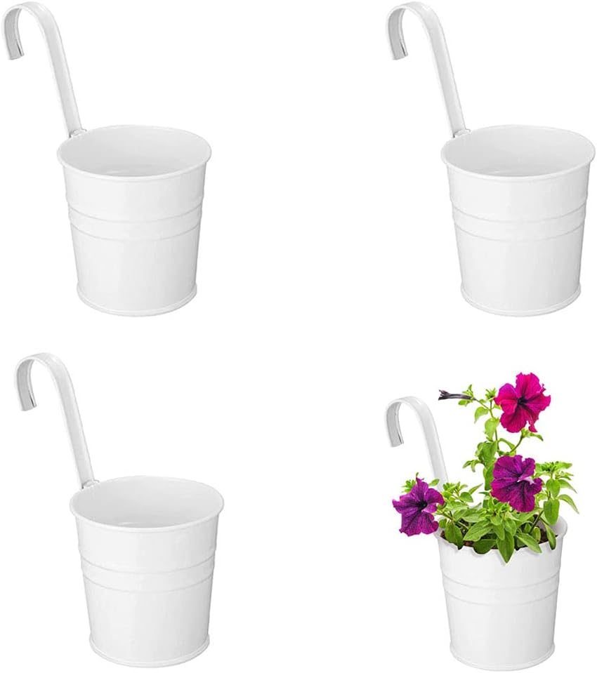 4 sztuki metalowych doniczek wiszących o średnicy 10 cm, mała wisząca doniczka do wewnątrz i na zewnątrz, na balkon – z odpinanymi haczykami – biała