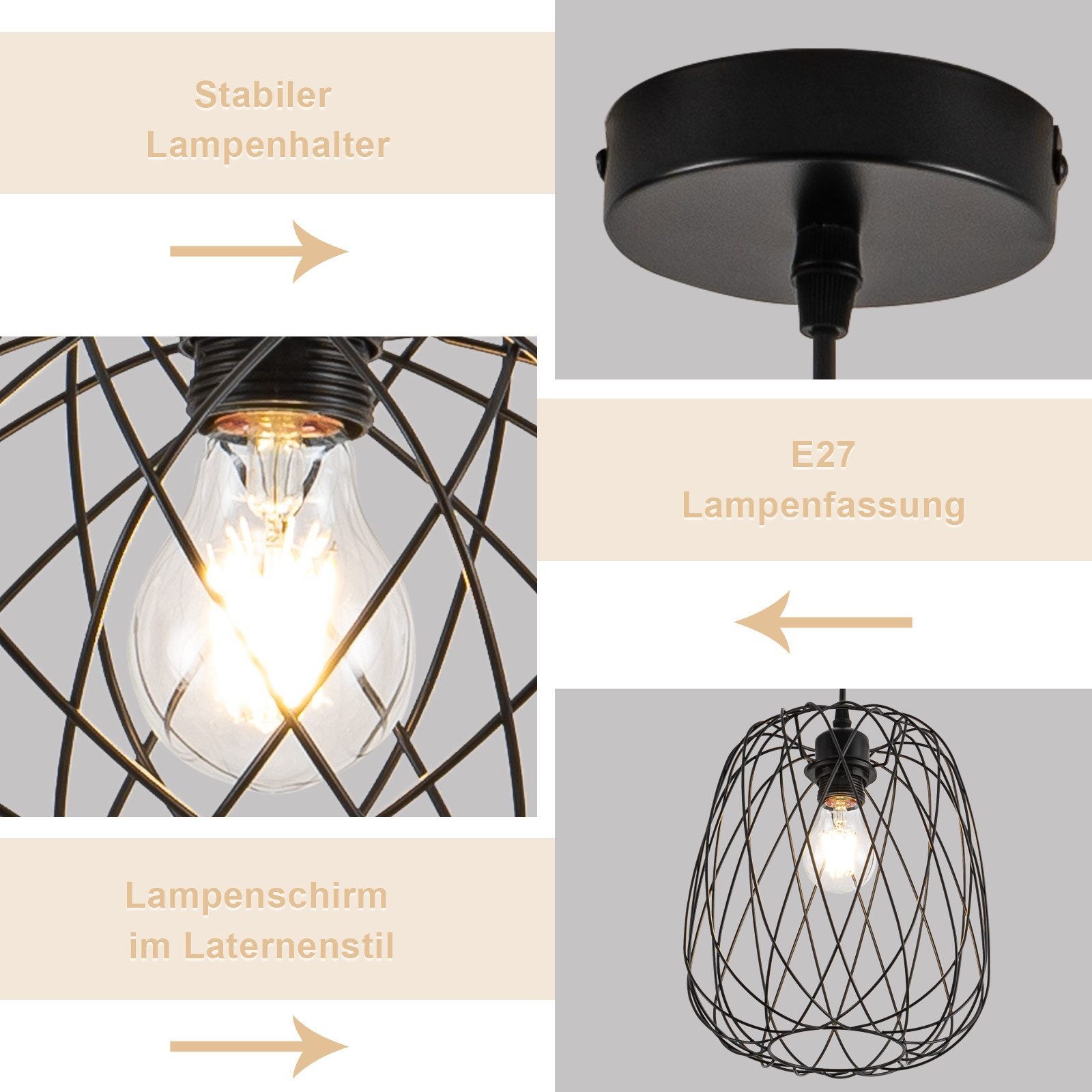 NETTLIFE Suspension Table à manger Suspension Vintage - Suspension E27 Plafonnier Suspension Métal Noir Ronde Suspension - 3