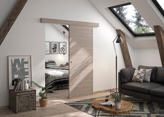 Kit porte coulissante Vérone - chêne taupe - + rail 2 amortisseurs + cache rail décor assorti - H 204 cm x L 83 cm