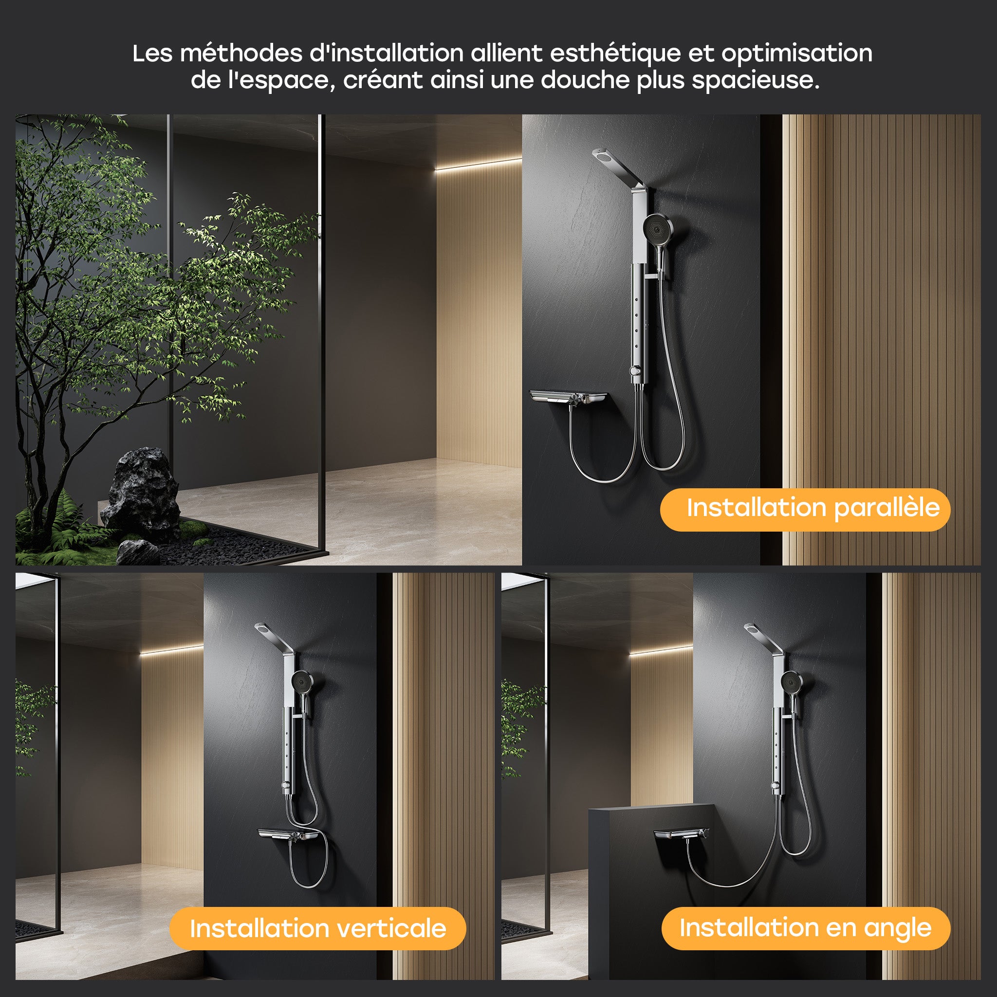 HOROW Système de douche avec thermostat, ensemble panneau de douche avec pommeau de douche pliable 4 fonctions de massage, réglable en hauteur - 6
