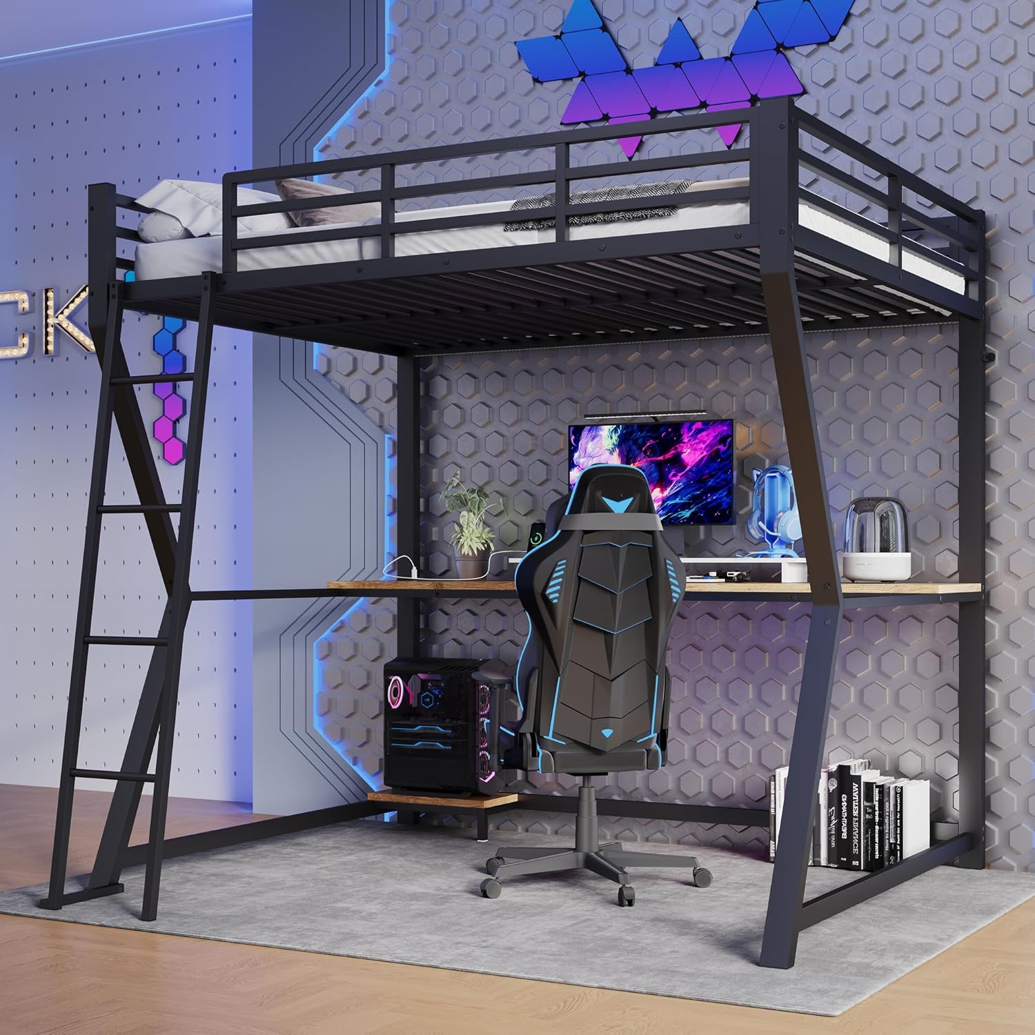 Lit mezzanine 140 x 200 cm avec éclairage LED, pour adultes et adolescents, avec Bureau, Étagre PC, Prises USB/Électriques Noir - 3