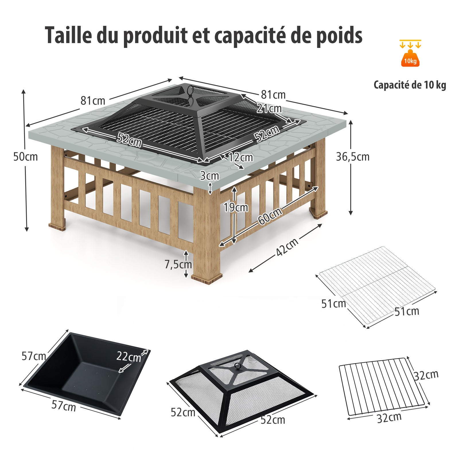 Brasero Extérieur pour Jardin, 81x81x50cm, Foyer Carré 3 en 1 avec Pare-étincelles, Grille Porte-bûches, Gril pour Barbecue, Tisonnier et Couvercle - 8