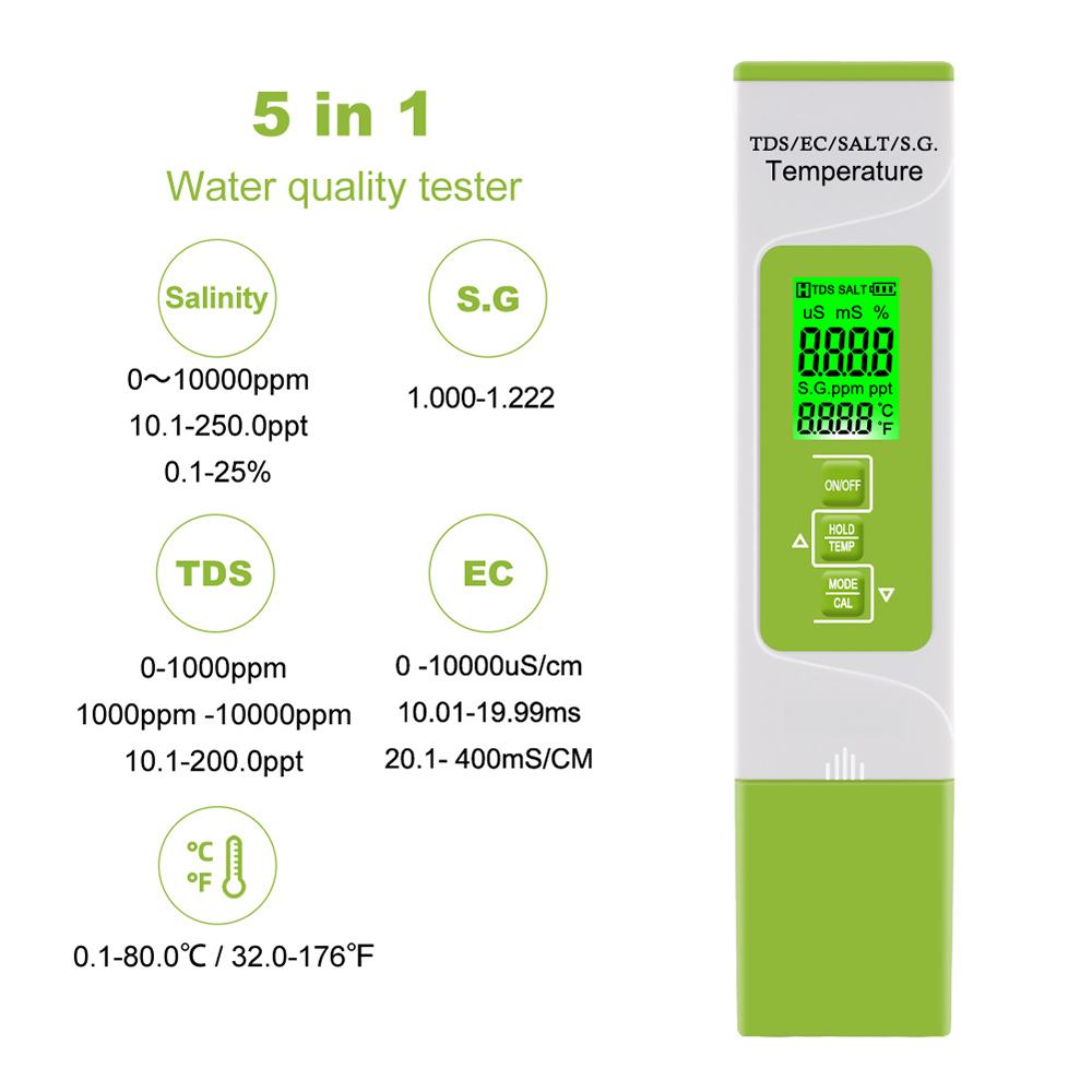 5 in 1 TDS/EC/SALT/S.G./température appareil de mesure numérique eau Quality moniteur testeur pour Pools Drinking Aquariums avec rétroéclairage - 6