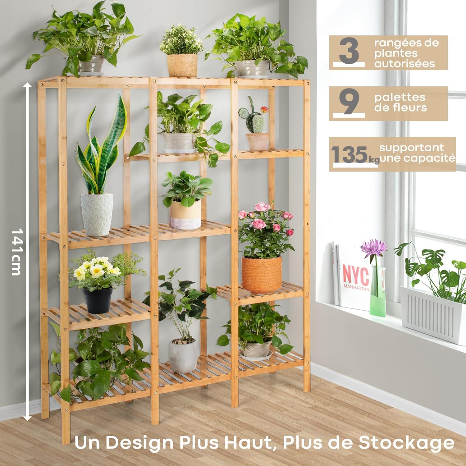 Support de pot pour Plantes en Bambou, Etagères à 5 Niveaux pour 12 Pots de Plantes,pour Salon, Balcon, Jardin, Terrasse, 114 x 31,5 x 141 cm - 3