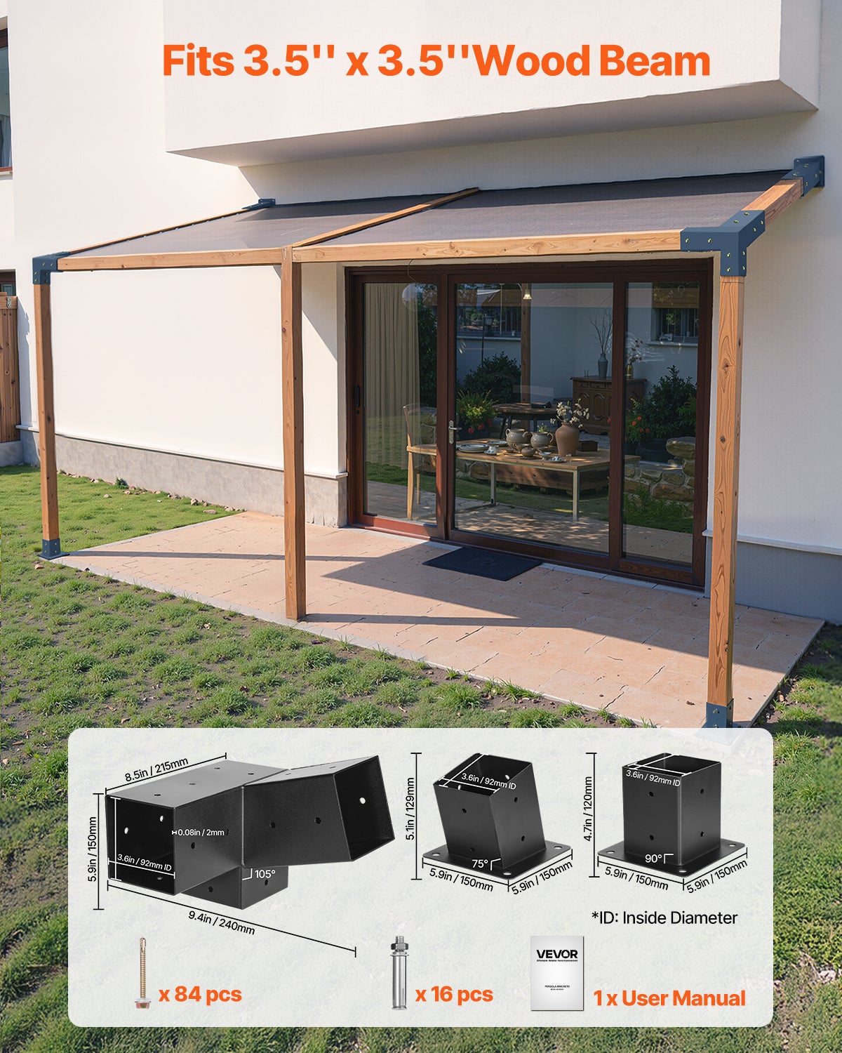 Kit Support de Pergola,Lot de VEVOR 6,pour Poteaux Bois 92x92 mm,2 Angles 3 Voies,2 Bases Sol & Mur,Toit Incliné,Extérieur Fête Jardin - 2